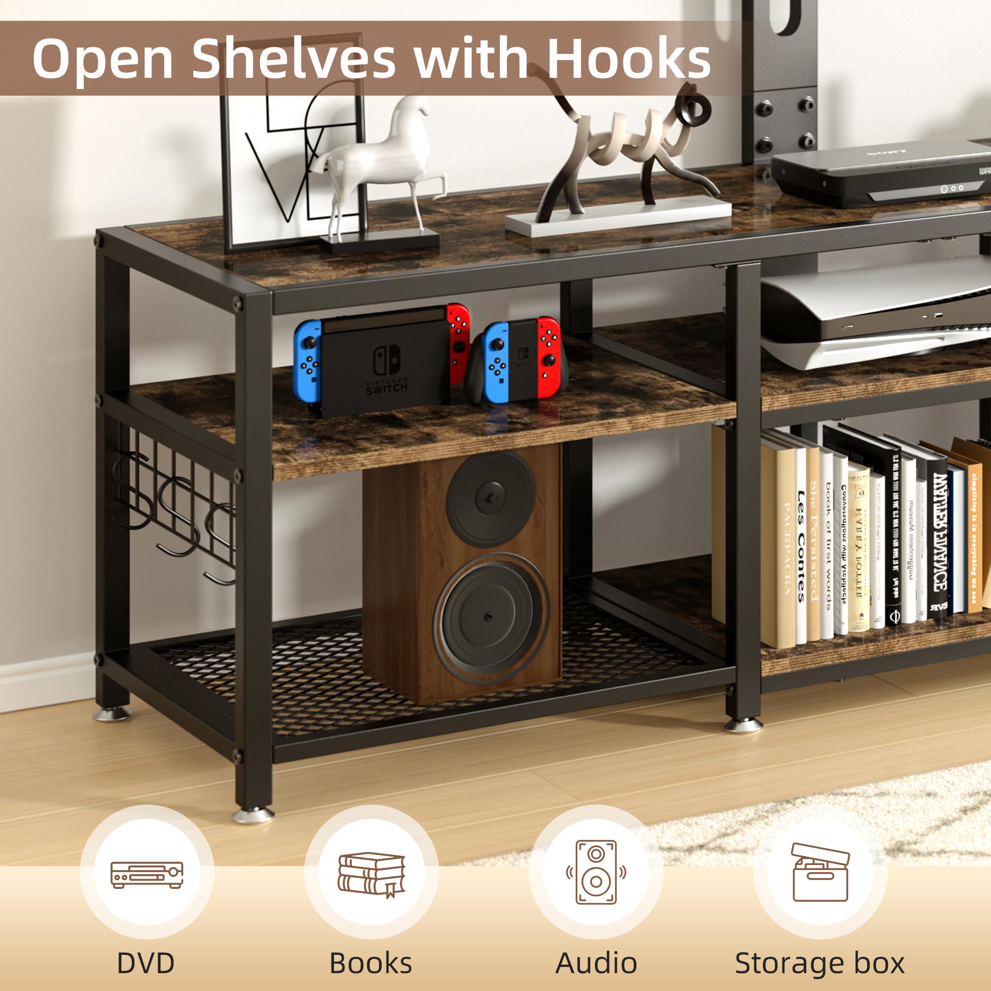 VECELO 63" TV Stand with Mount and Power Outlets, Entertainment Center Console with Open Storage Shelves, Height Adjustable Mount up to 75”, Wooden Table and Metal Frame for Living Room, Rustic Brown