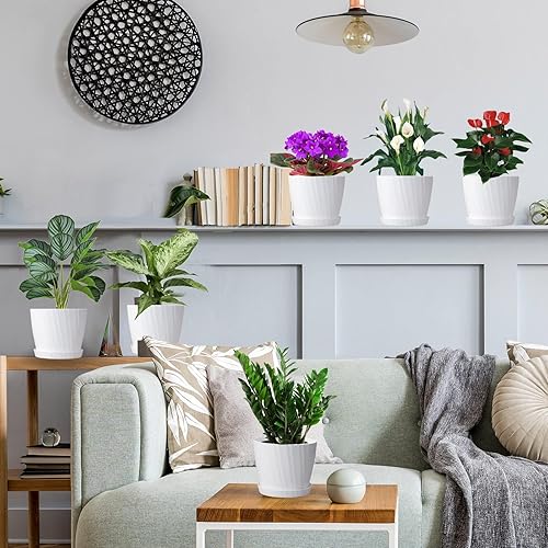 Miniatura 5 de Macetas de 7 pulgadas a granel, paquete de 6 macetas de plástico con agujeros de drenaje y platillos para plantas y flores de interior y exterior,