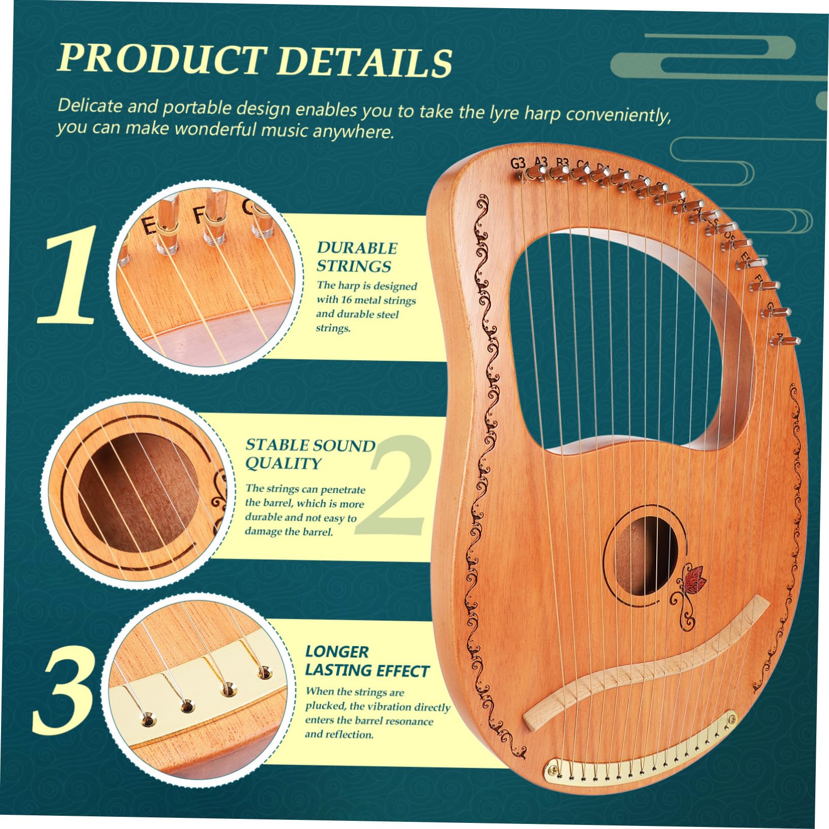 SUPVOX Strumento Musicale in Legno e Effetto Sustain Prolungato Portatile Arpa Lira 16 Corde, Design Delicato per Principianti e Musicisti