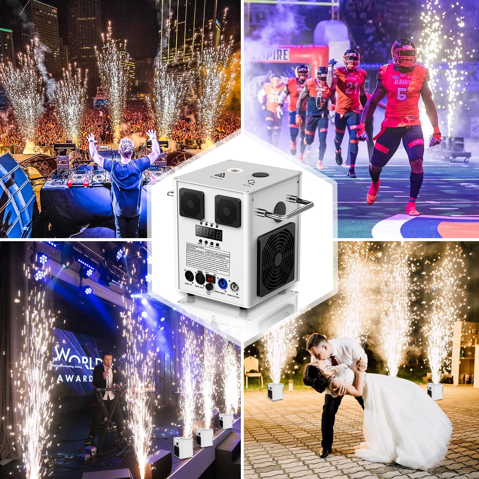 600W Cold Spark Machine mit Flightcase, Spark Machine Stage Effect mit Fernbedienung, Effekthöhe 1-5 Meter Stage Spezialeffekt Machine per DMX-512 in Big Show Hochzeitszeremonie Hochzeit, Bühne Party