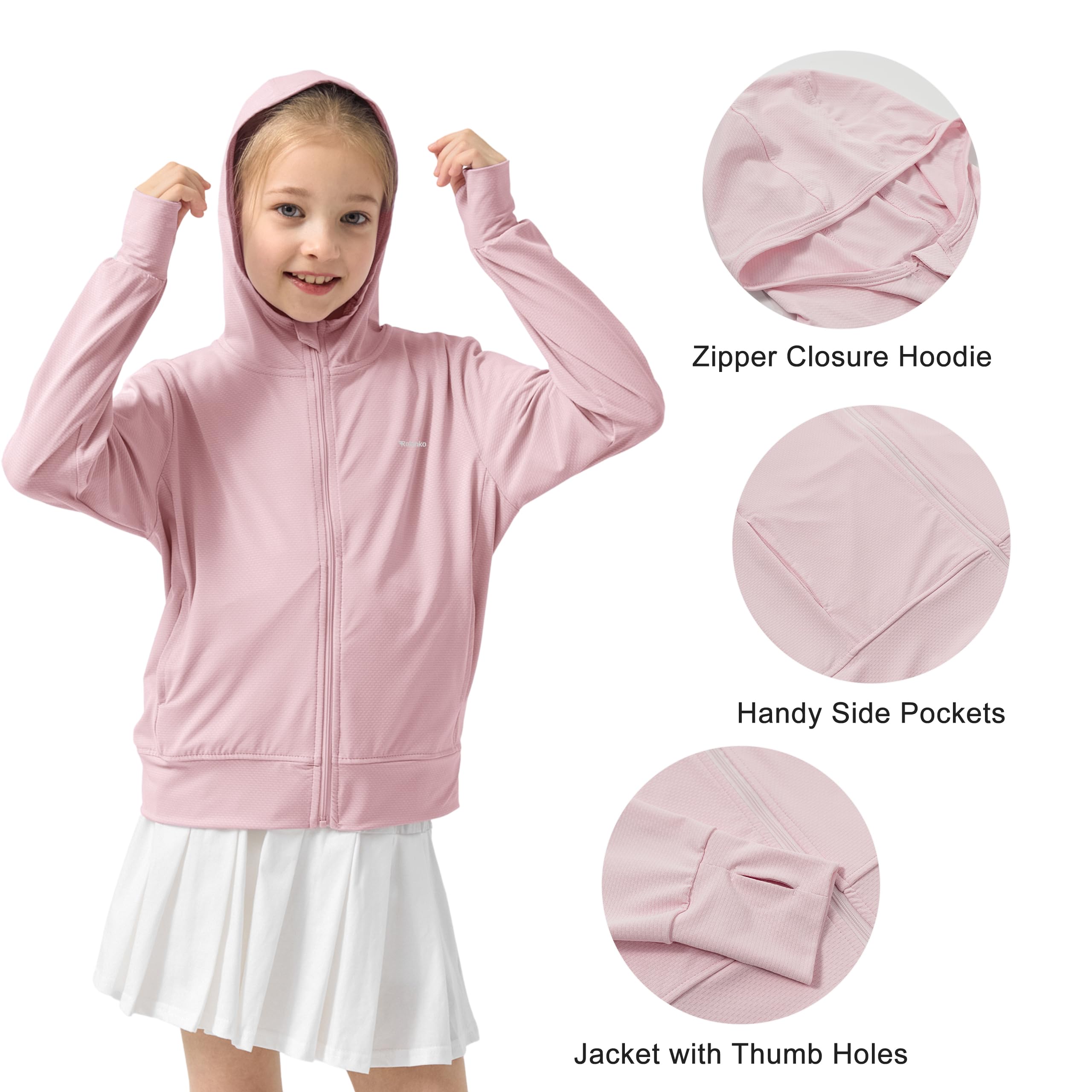 Rolanko Mädchen Sommerjacke mit Daumenlöchern Langarm Sonnenschutz Schnell Trocknend Reißverschluss Hoodie Kinder Rash Guard Tops