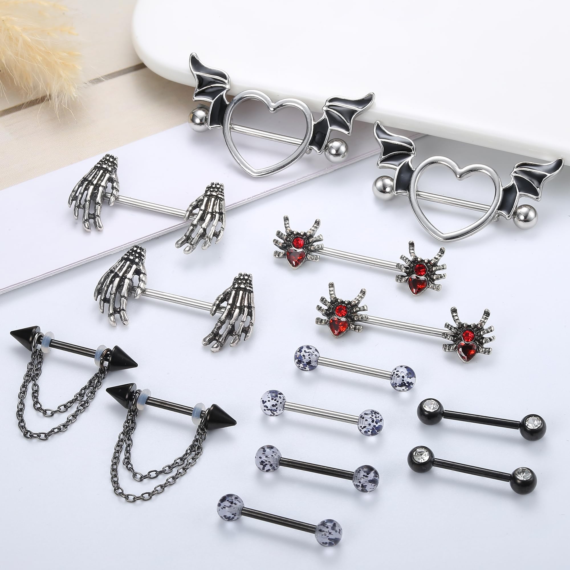Fansilver 7 Pairs 14G Nipple Rings Surgical Steel Nipple Piercing CZ Heart Butterfly Barbell Tongue Rings Set Cute Nipple Tongue Piercing Jewelry for Women: D. Black Nipple Rings Set