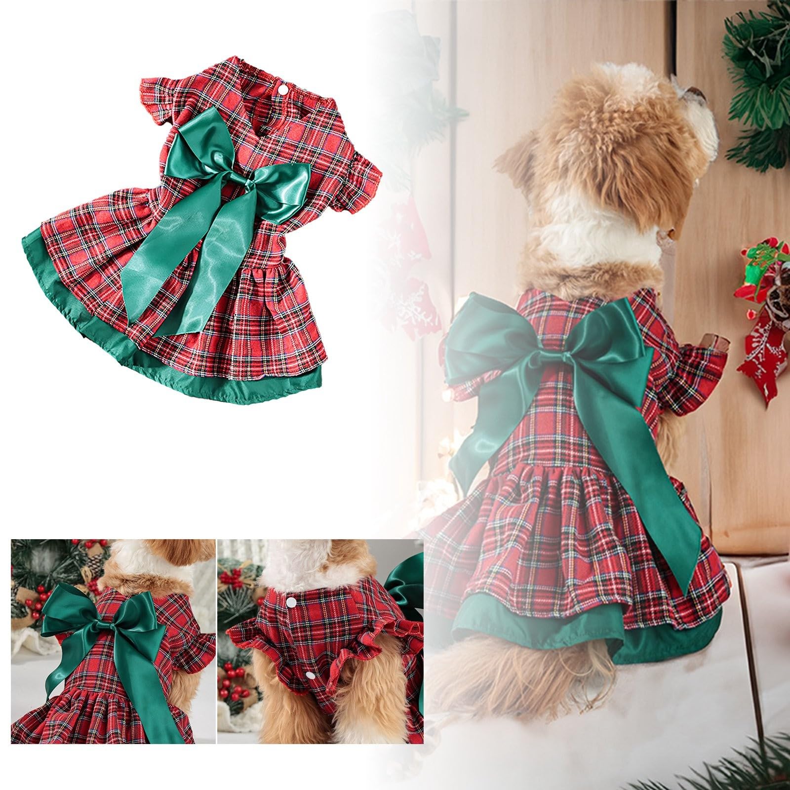 Pet Christmas Classic Plaid Skirt with Cute Bow Party Dress for Cats and Dogs Festive Holiday Apparel (A, XL)