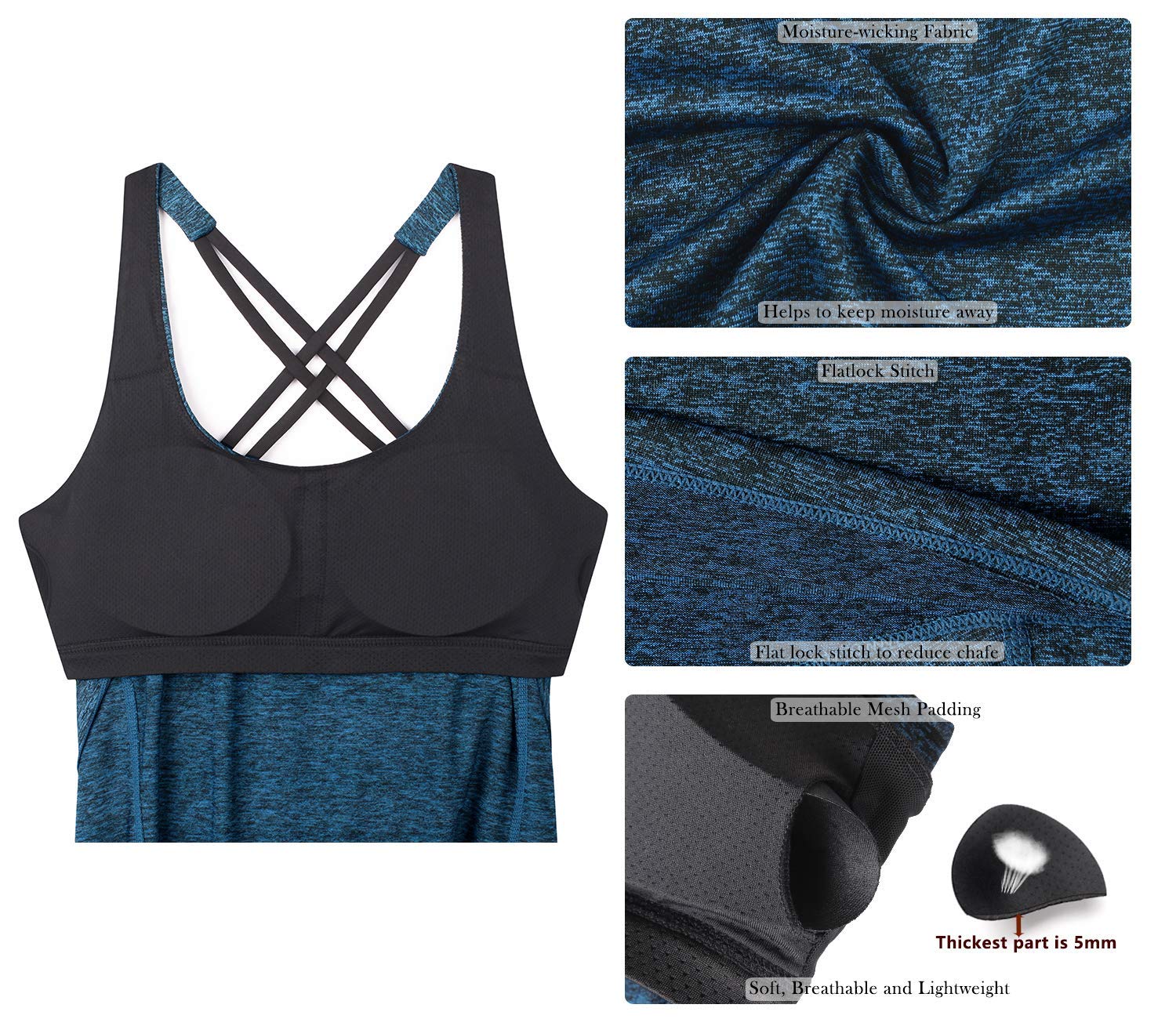 icyzone Camiseta sin mangas de entrenamiento para mujer, brasier integrado, camiseta deportiva de yoga con tirantes, camiseta deportiva para gimnasio — view 4