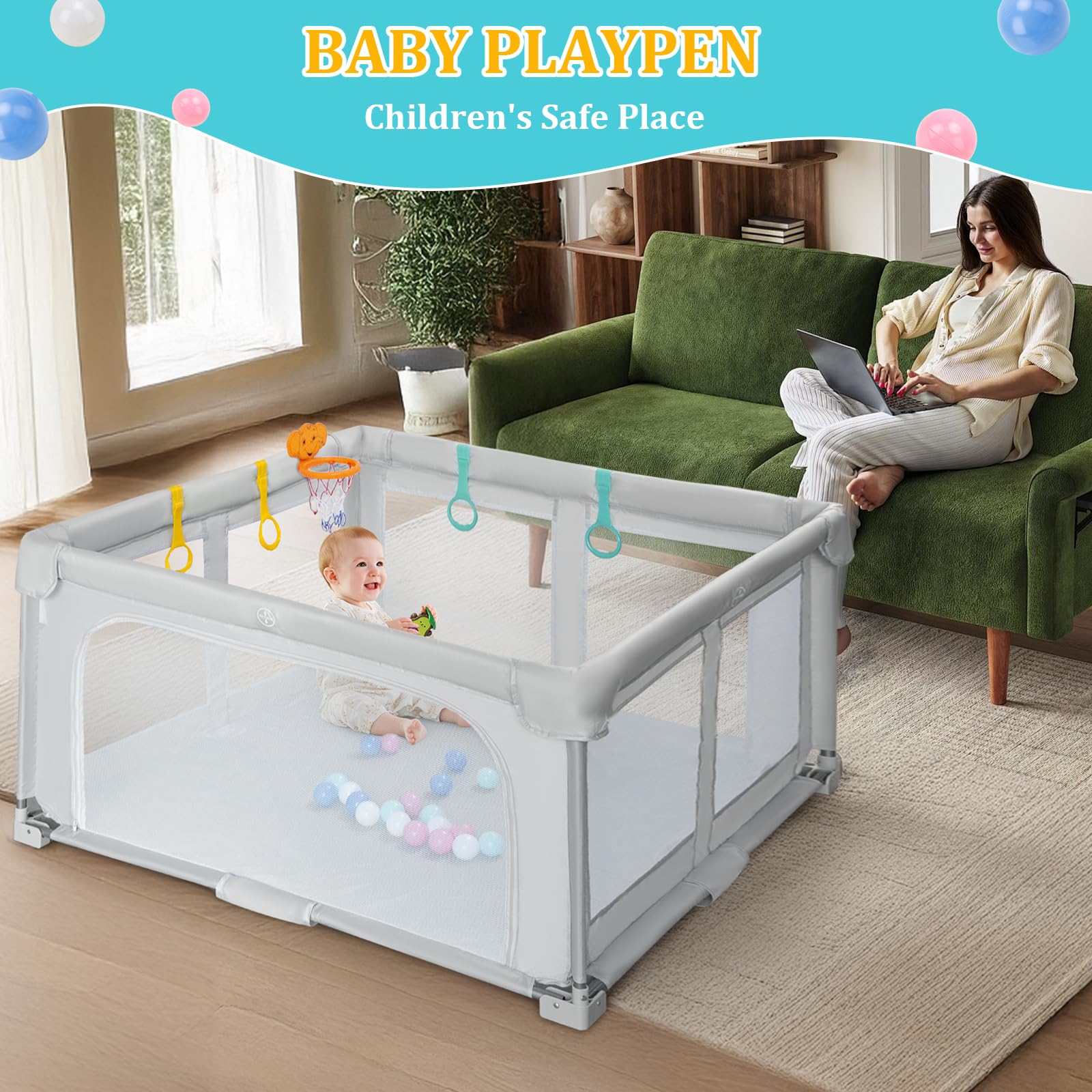Parc Bebe Pliable 127x127cm - Parc Bébé for Indoor & Outdoor Baby Playpen Avec Portable Avec Sac de Voyage, 20 Boules Océaniques et 4 Poignées