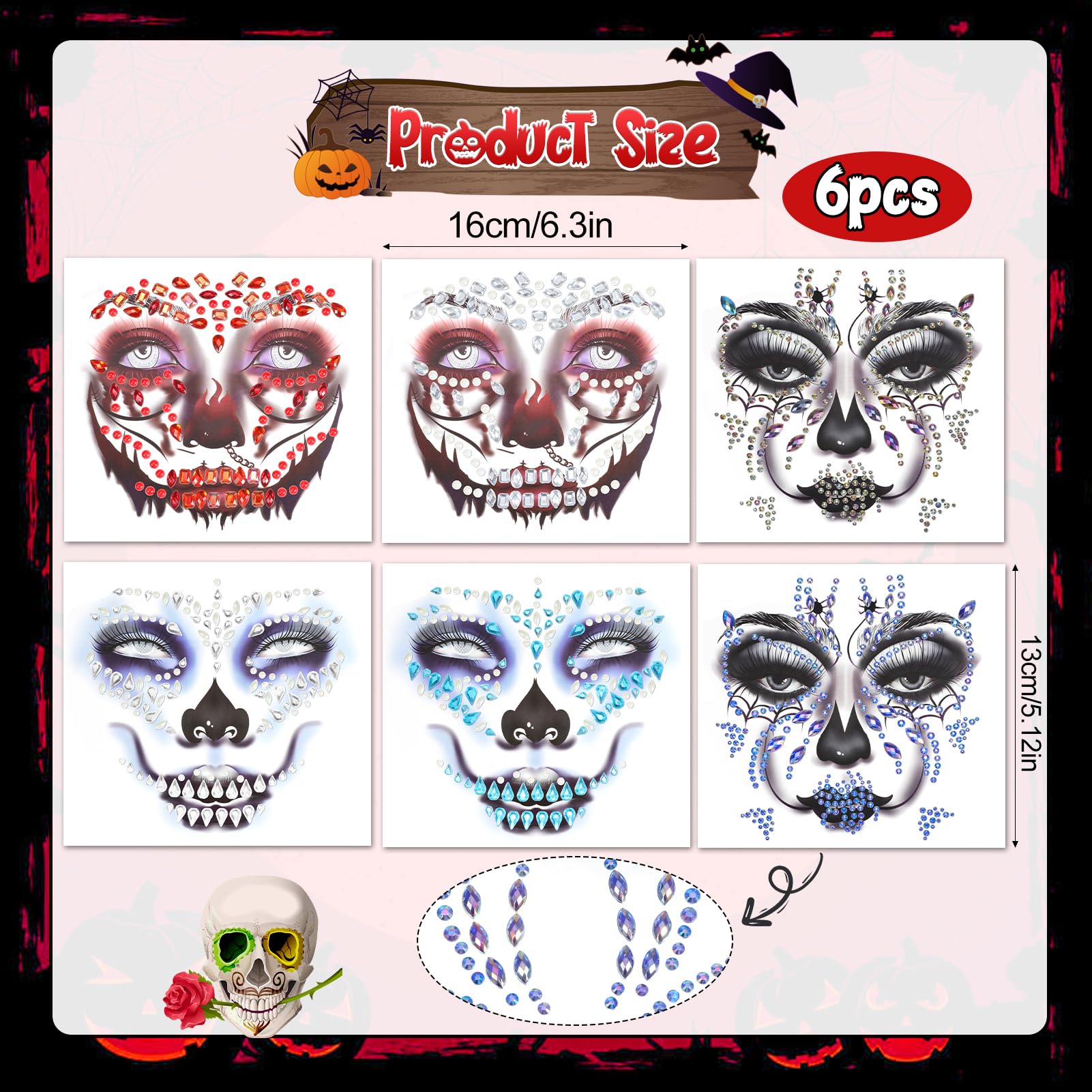 HOWAF 6 PCS Halloween Face Stickers Jewels - Image 2