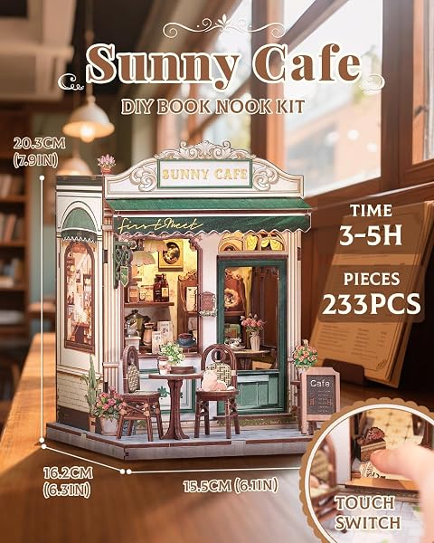 CUTEBEE Book Nook Kit – DIY Puppenhaus Häuser, Miniatur Haus Selber Bauen Bausatz für Erwachsene, 3D Holz Puzzle Buchstütze | Kreativset zur Bücherregal Deko | Geschenk (Sunny Cafe) - 2