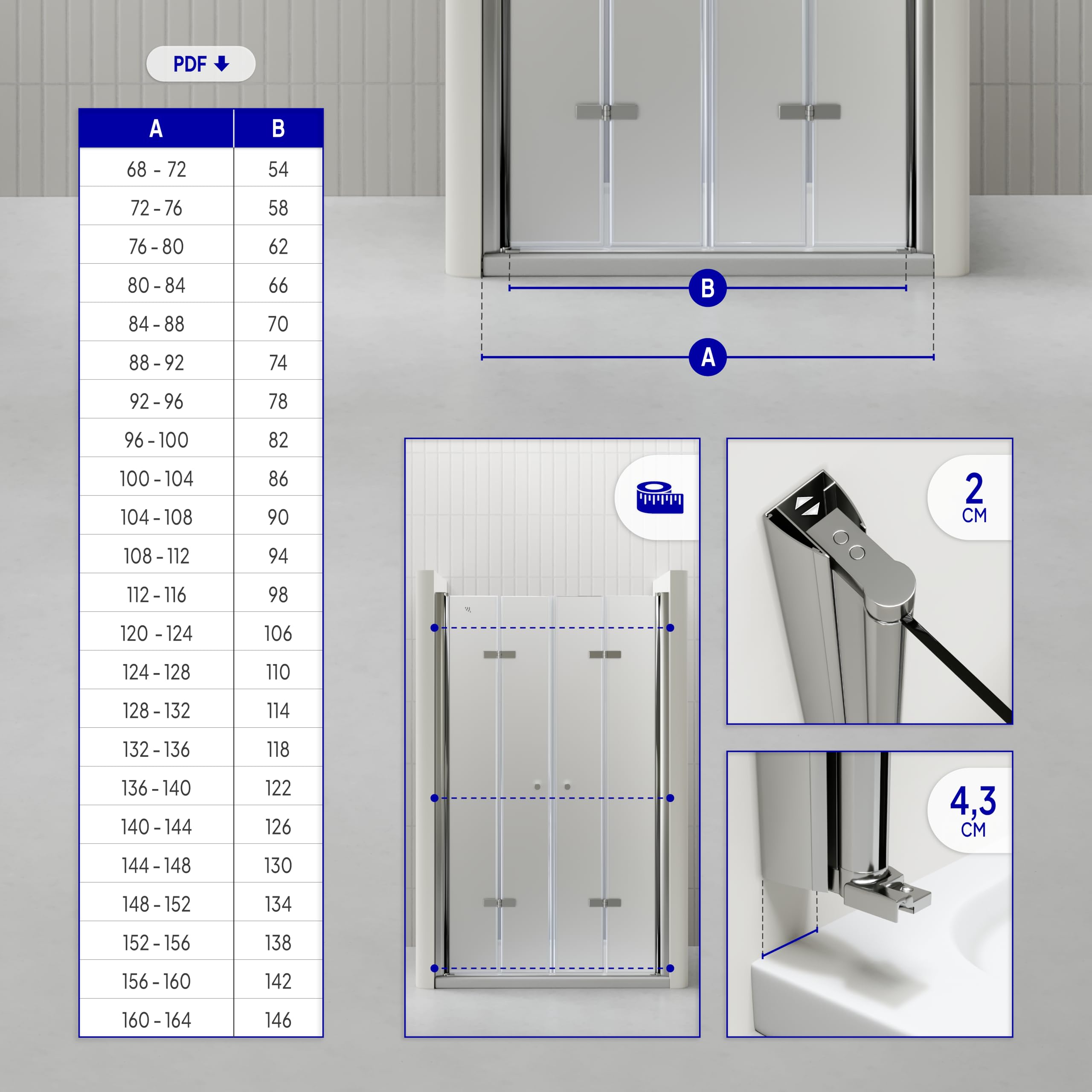 Mampara de Ducha Lena DT877 136-140x195 cm con Puertas Plegables, Perfiles Cromados y Cristal Templado Satinado