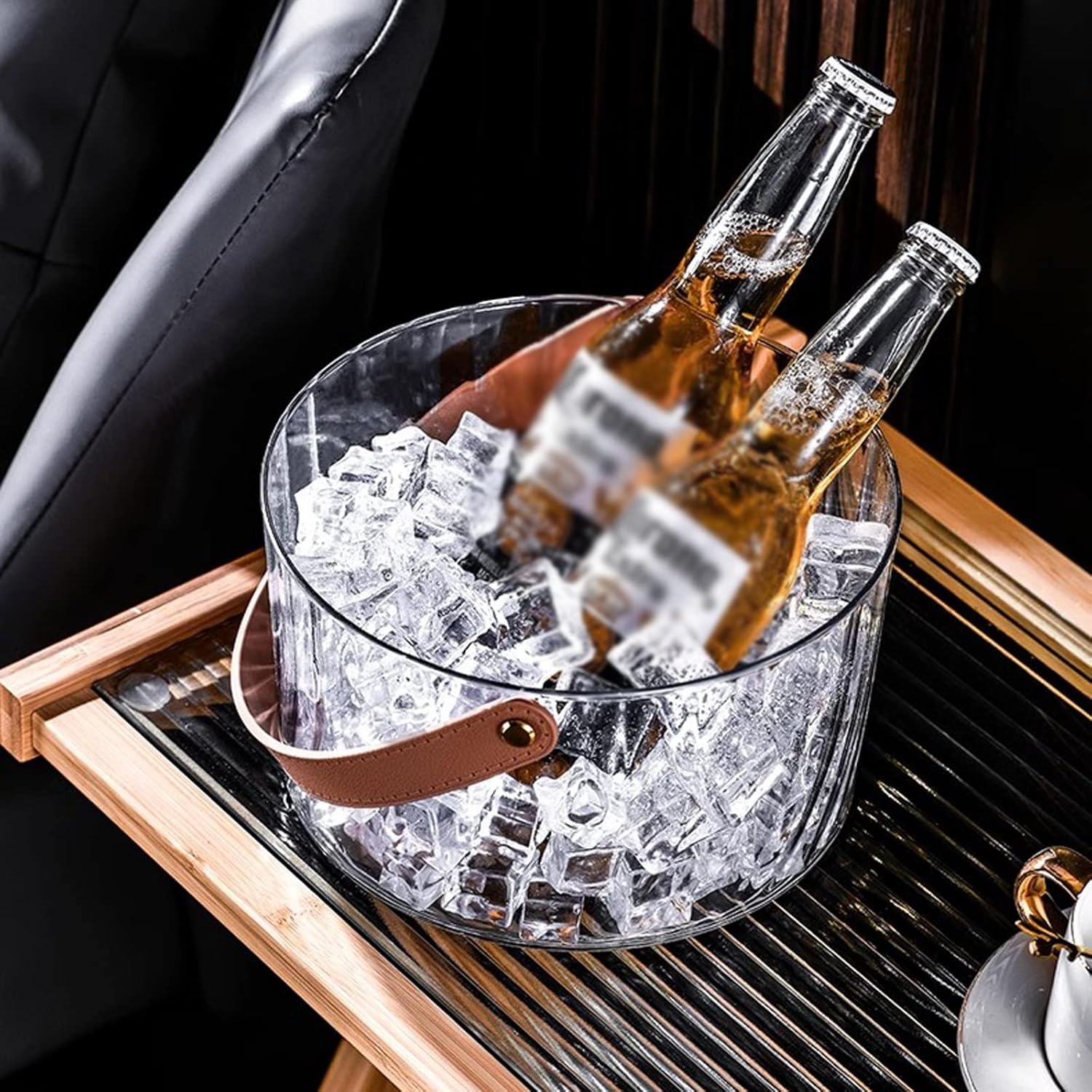 Ice Bucket Plastic Ice Buckets with Brown Leather Handle Clear Wine Bucket Round Champagne Cooler Portable Party Tubs for Drinks Chiller Bin for Beer Bottle Beverage Ice Tub