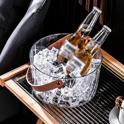 Miniatura 5 de Cubos de hielo de plástico con mango de cuero marrón, cubo de vino transparente, cubo redondo para champán, cubo enfriador de vino, tinas portátiles