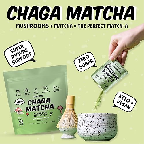 Miniatura 2 de Renude Chaga Matcha - Polvo de hongos Chaga, mezcla de bebida de superalimento matcha de grado ceremonial con adaptógenos, keto, vegano, sin azúcar,