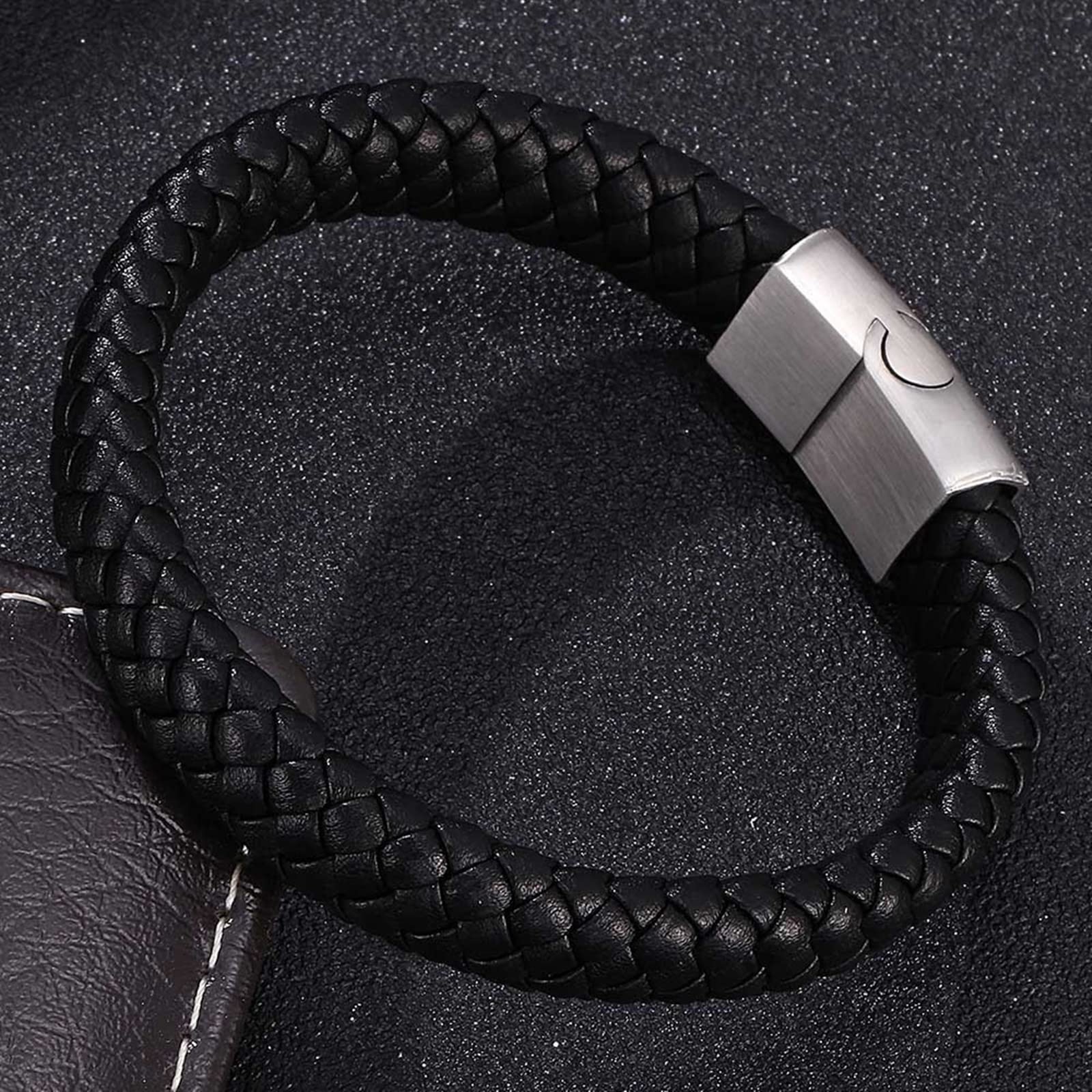 Edelstahlarmband, Herrenschmuckarmband, geflochtenes Lederarmband mit silberner Schnalle, 16,5 cm Länge, Punk-Biker-Herrenarmband