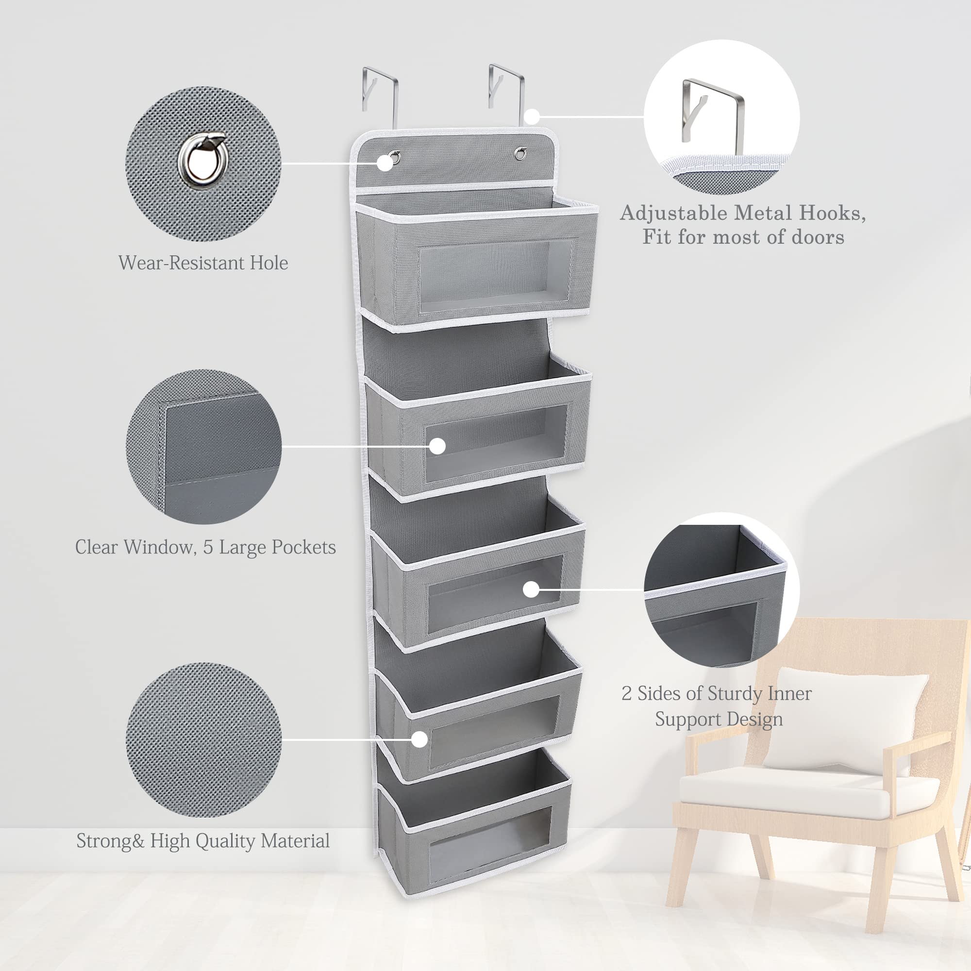 Organizer da appendere alla porta, con ganci, per camera da letto, con 5 tasche, trasparente, per cameretta dei bambini, bagno, armadio, dormitorio, Portaoggetti Bagno