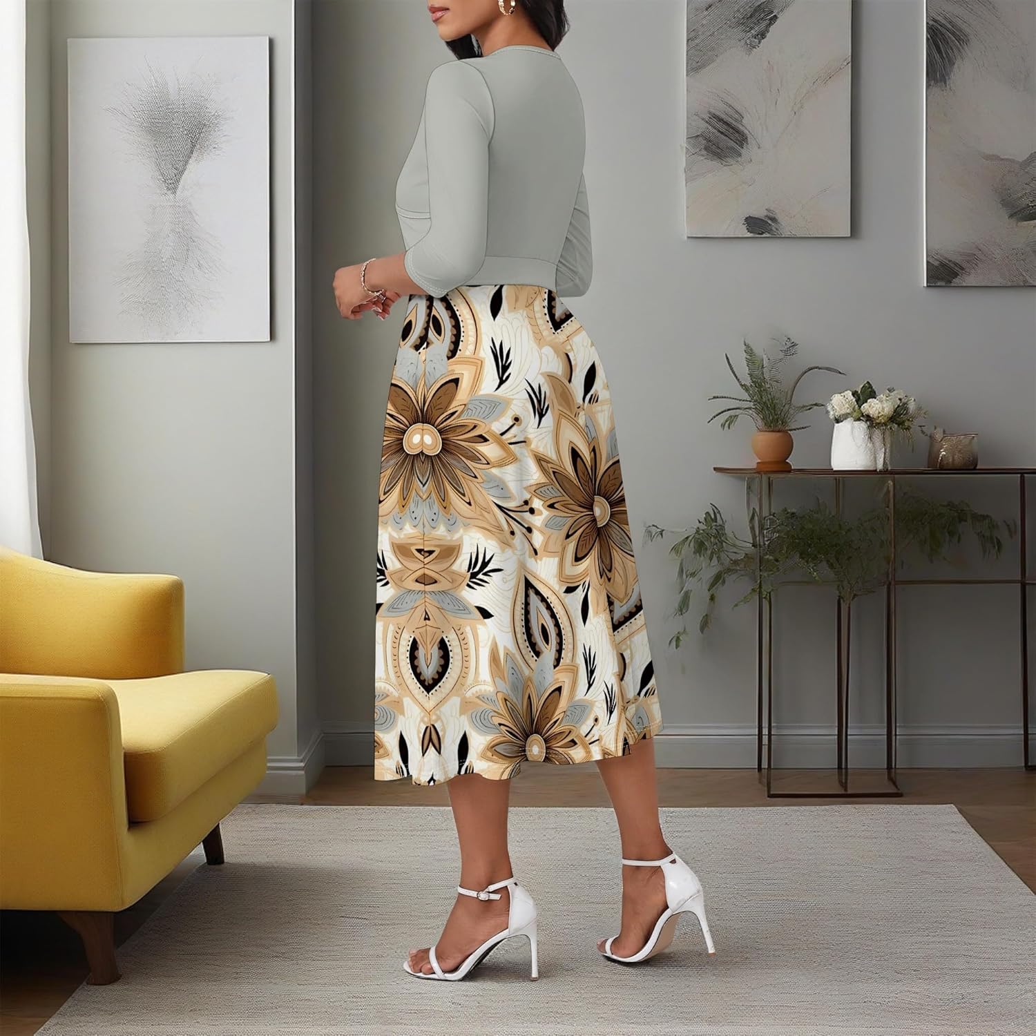 Women's Midi Dress with Pockets V Neck 3/4 Sleeve Slimming Wrap Fit and Flare Church Dress - Image 5