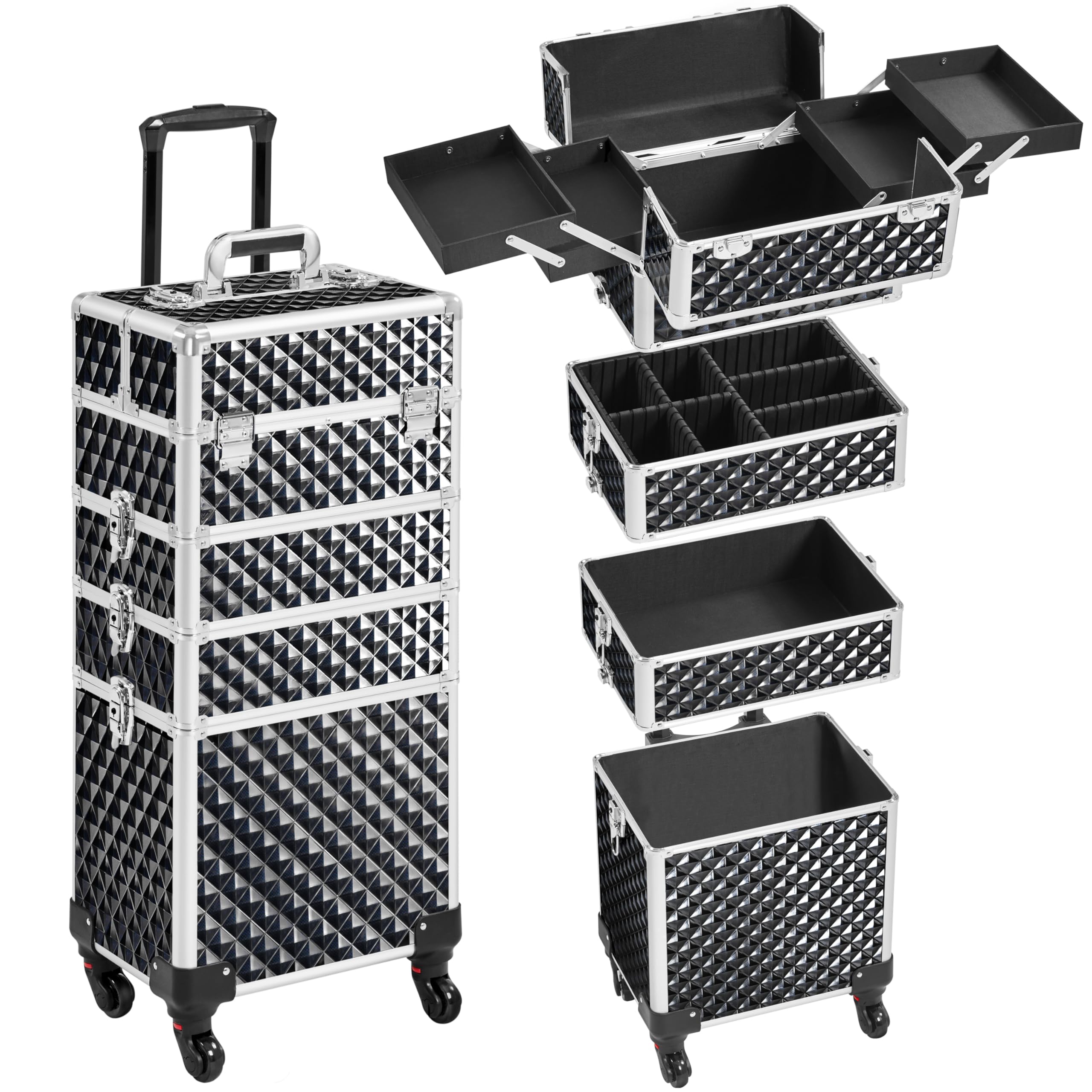 Yaheetech Valigia Porta Trucchi Trolley Estetista 4 in 1 Valigetta Make Up Beauty Case da Viaggio Grande con Ruote Girevoli Serrature Professionale 34 x 25,5 x 80 cm Nero Scintillante