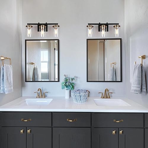 Miniatura 3 de ZEVNI Lámparas de baño, luces de tocador negras y doradas, moderna iluminación de baño de 3 luces con pantallas de vidrio cilíndricas, 20 pulgadas