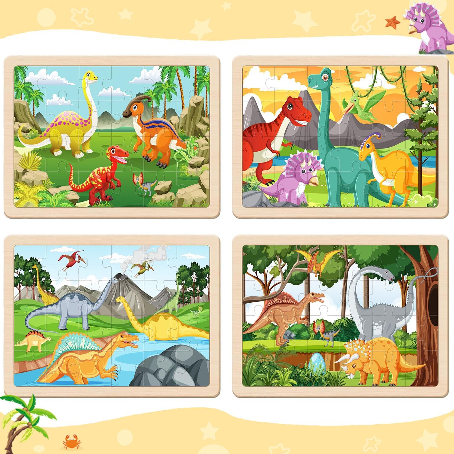 Puzzles for Kids Ages 4-6,24 Pieces Wooden Puzzles for Toddlers Ages 3-5 4-8 3 4 5 6 3-4 Year Olds.4 Pack Dinosaur Puzzle Set Children Jigsaw Puzzles for Boys and Girls Educational Learning Toys
