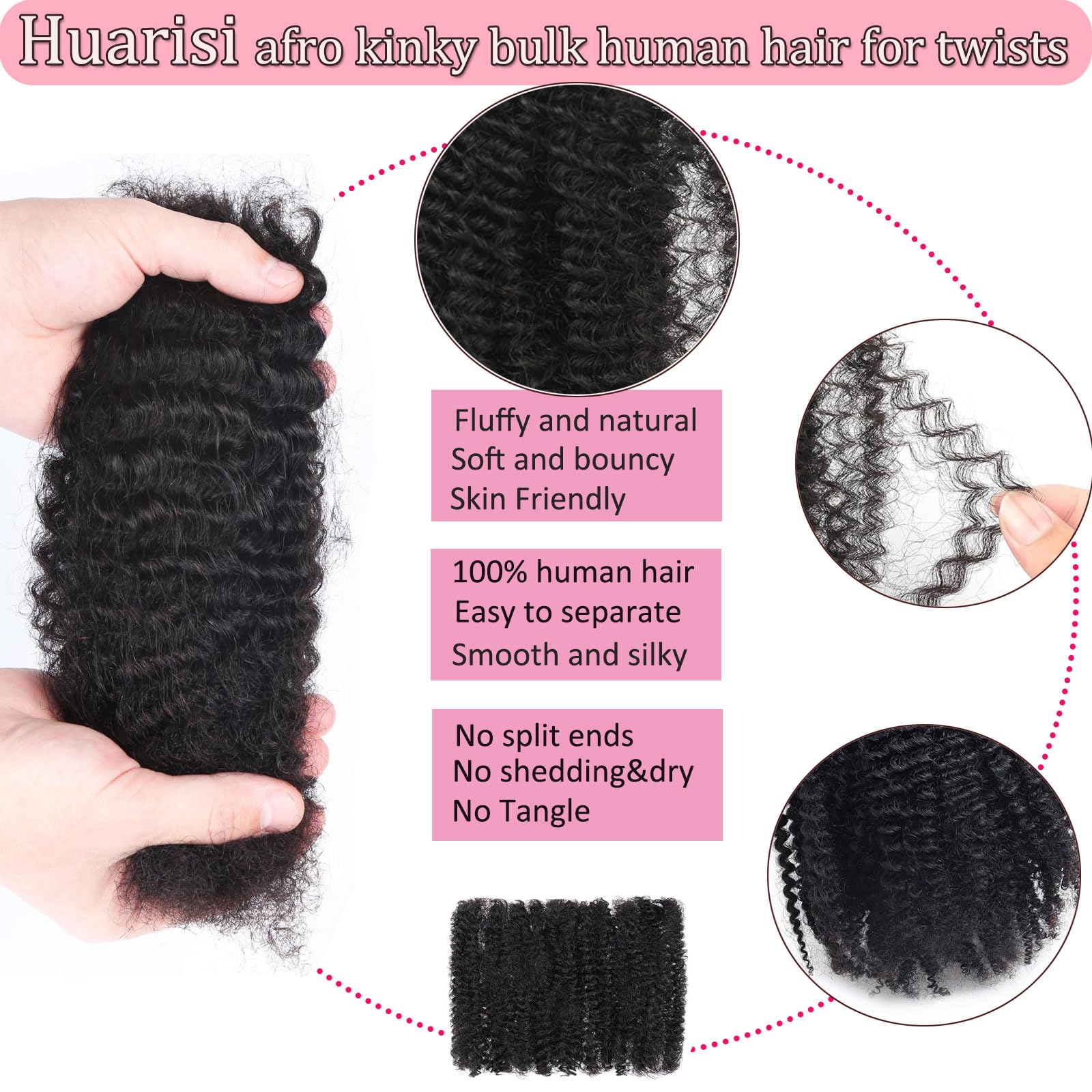 Huarisi 16 Inch 1b Afro Kinkys Bulk Human Hair for Dreadlocks Repair Braiding Twist Tight Afro Kinky Hair for Micro Locs 1 Bundles 50 Gram