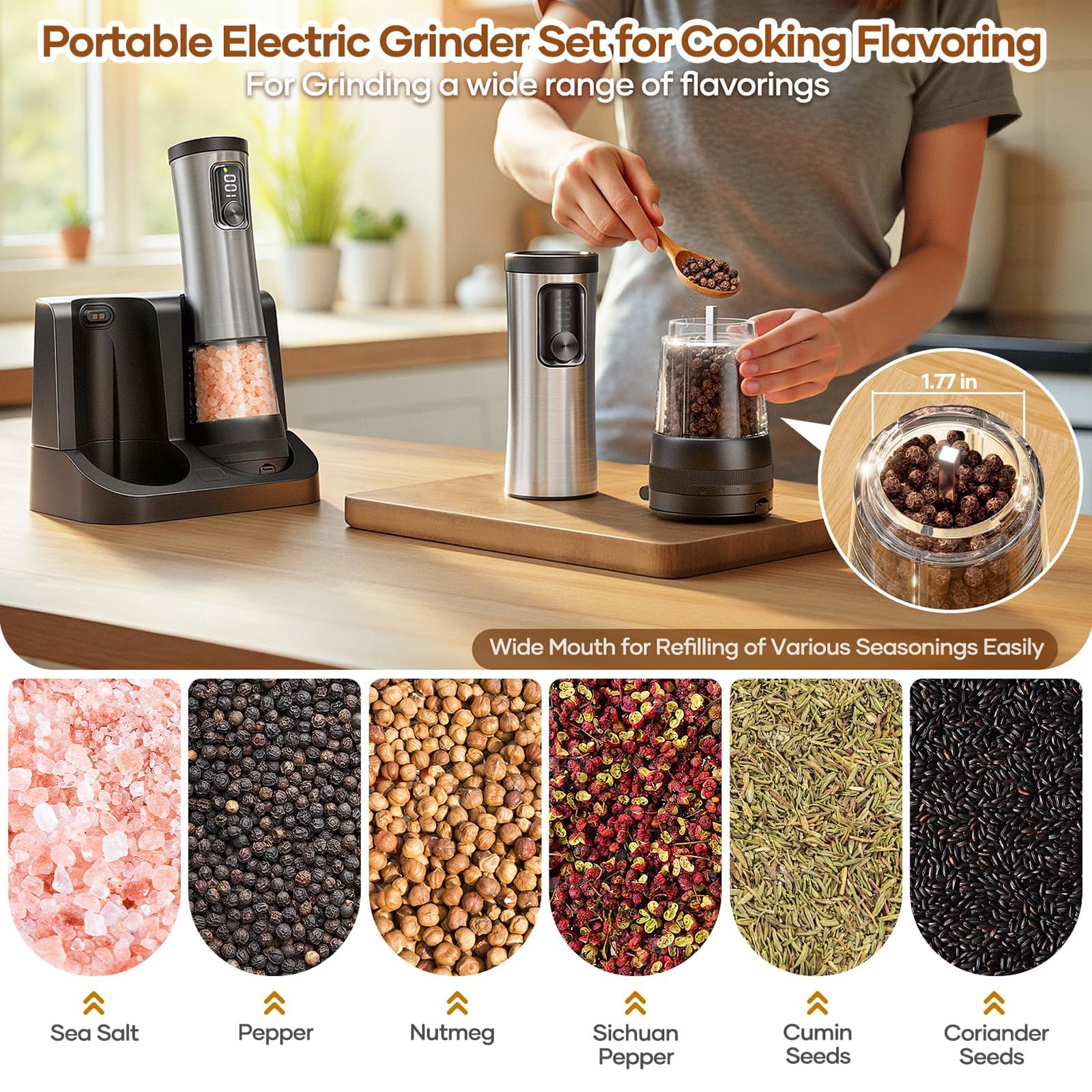 Set macina sale e pepe elettrico ricaricabile, 5 livelli di grossolanità regolabili, controllo a 2 velocità, display batteria, grande capacità 100 ml for la cucina domestica