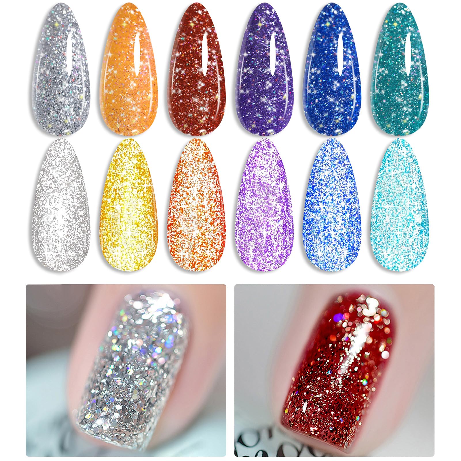BORN PRETTY Reflective Gel Polish,Silver Red Reflective Glitter Gel Shimmery Nail Polish Sparkly Shiny Gel Effect Soak Off U V Gel Varnish for DIY at Home