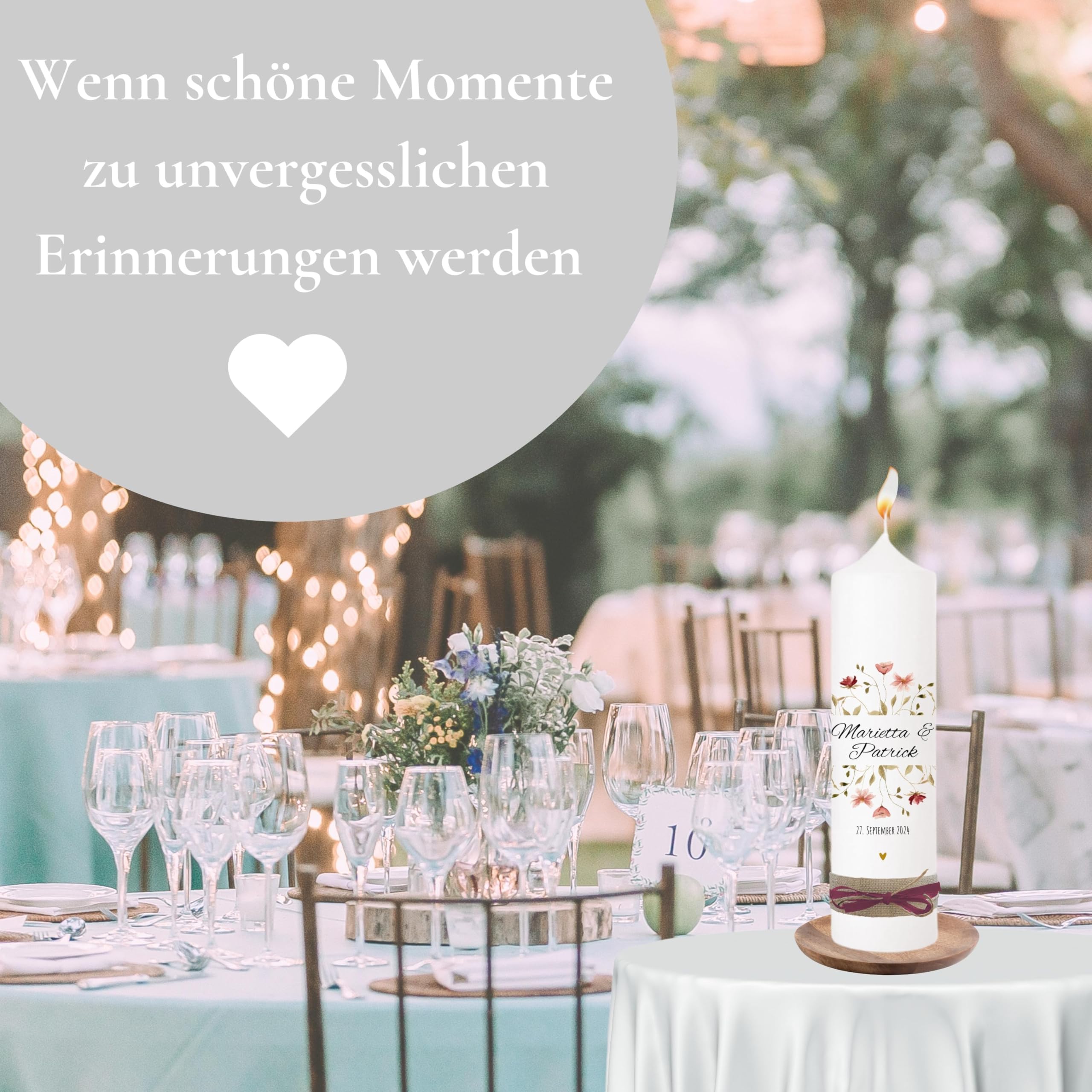 VILLA ROSA LOTTA – Personalisiertes Hochzeitsgeschenk für Brautpaar | Hochzeitskerze mit Namen & Datum | 25 cm x 7 cm | Jahrestag Geschenk Traukerze | Goldene Hochzeit | Hochzeitsdeko