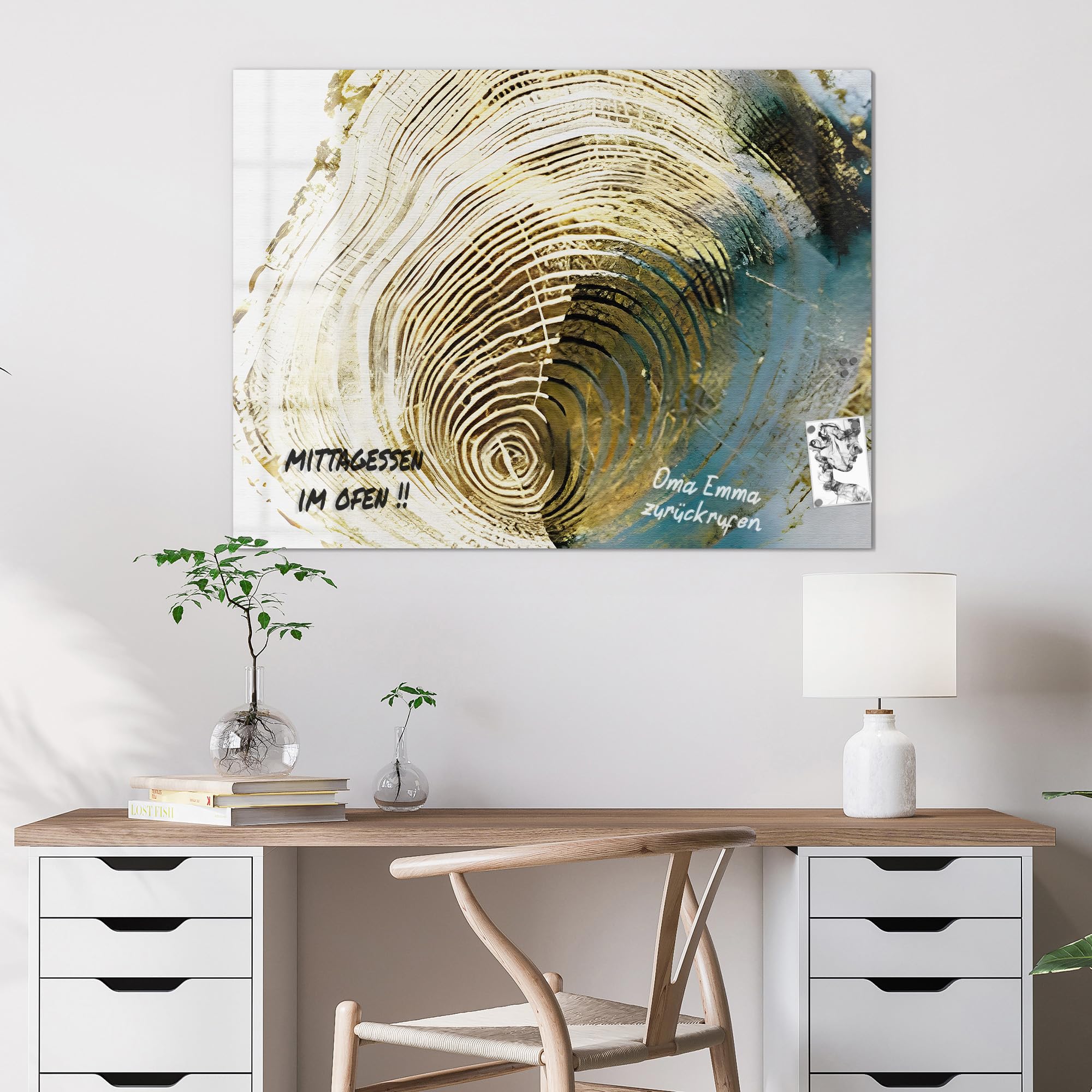 DEQORI Szklana tablica magnetyczna | wymiary 120 x 90 cm | motyw "złota głębokość" | tablica do notatek ze szkła | tablica magnetyczna z magnesami, długopisem i ściereczką do kuchni i biura | tablica