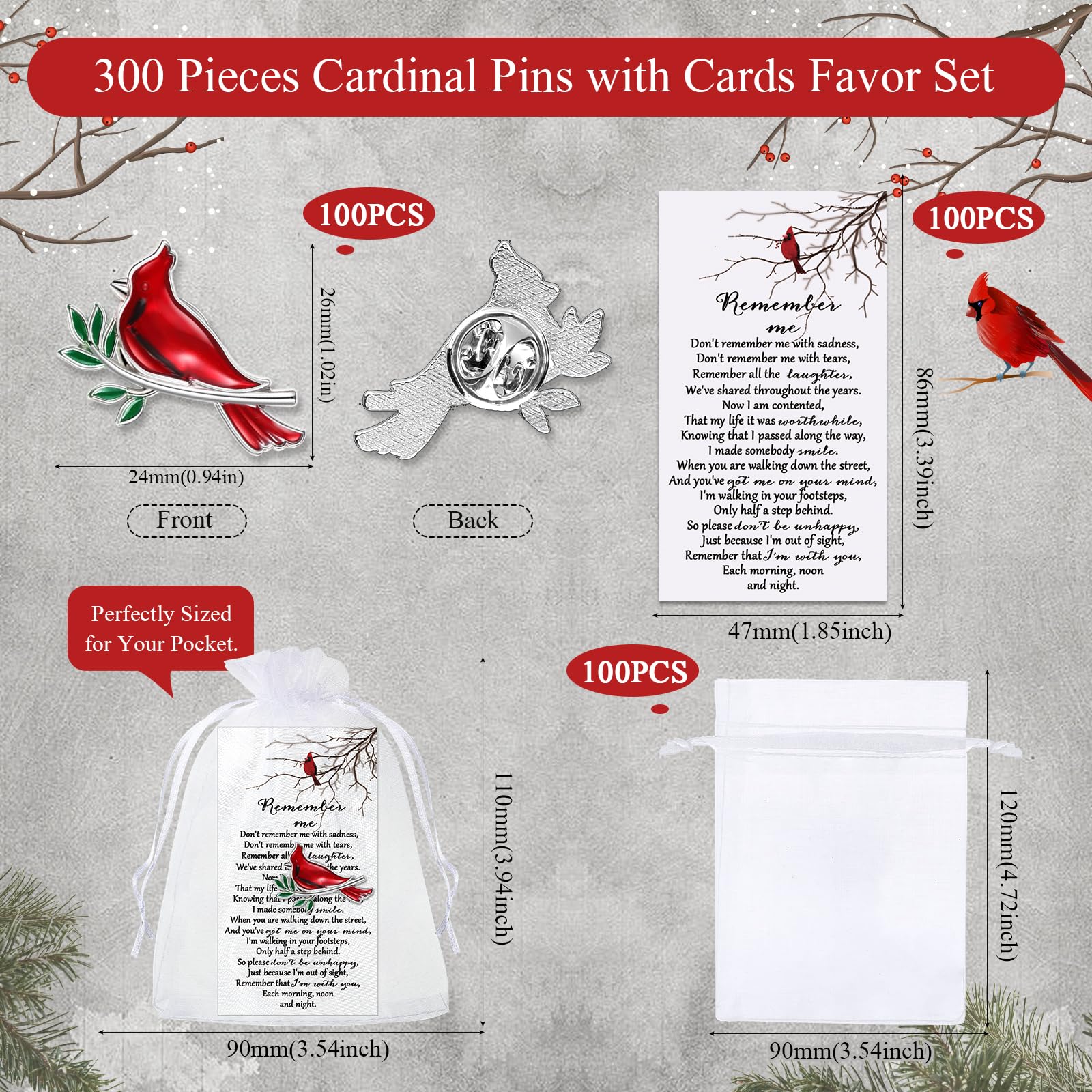 Inbagi Memorial Cardinal Pin Set, Red Cardinal Bird Pocket Tokens with Organza Bags and 