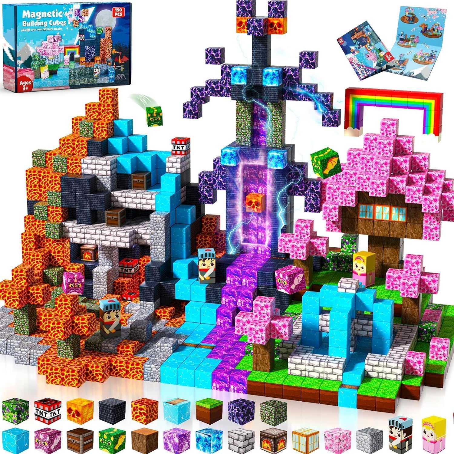 Magnetic Blocks-150Pcs Dark Swordsman's Forest Castle Set - Magnetic Building Tiles Toys for Montessori Birthday Xmas Gifts - STEM Sensory Toys for 3 4 5 6 7 8 9 10 Boys & Girls