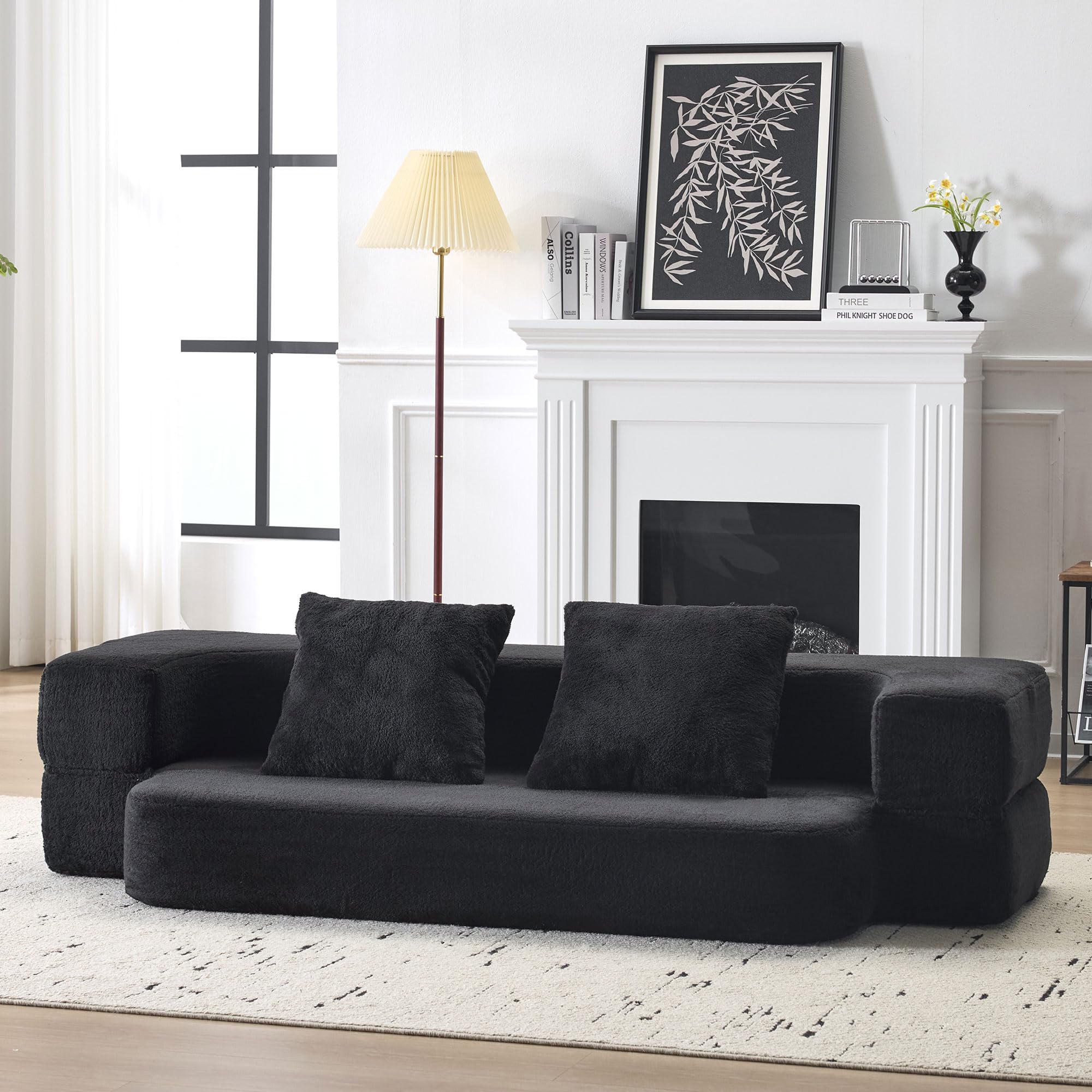 Sofá multifuncional con 2 cojines, sofá convertible moderno, sofá de 2 plazas de suelo, ahorro de espacio, espuma de alta resistencia, para sala de estar y dormitorio, no requiere montaje, negro