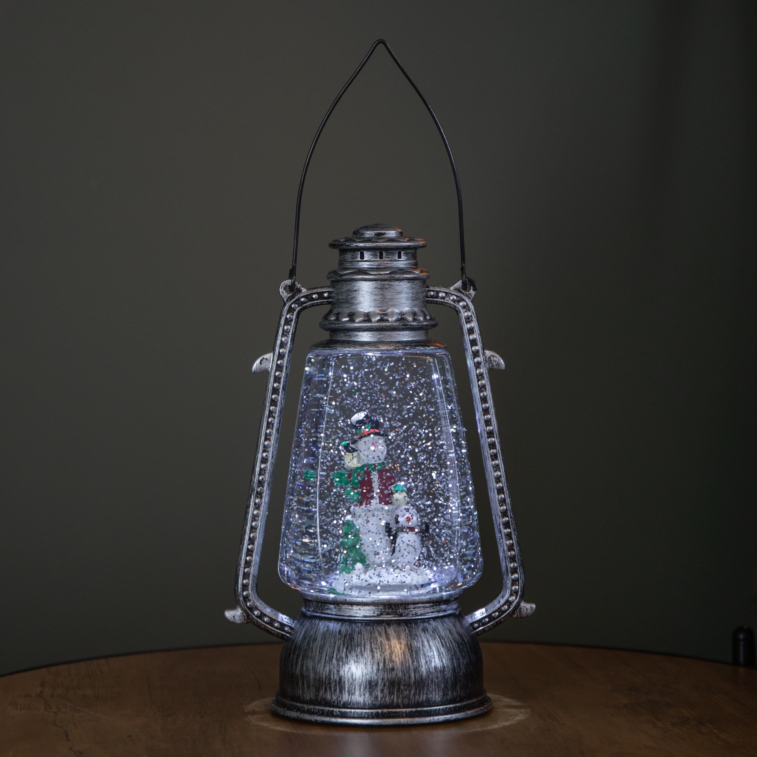 24cm Battery Operated Snowman and Penguin Hurricane Lantern Glitter Water Spinner in Antique Silver