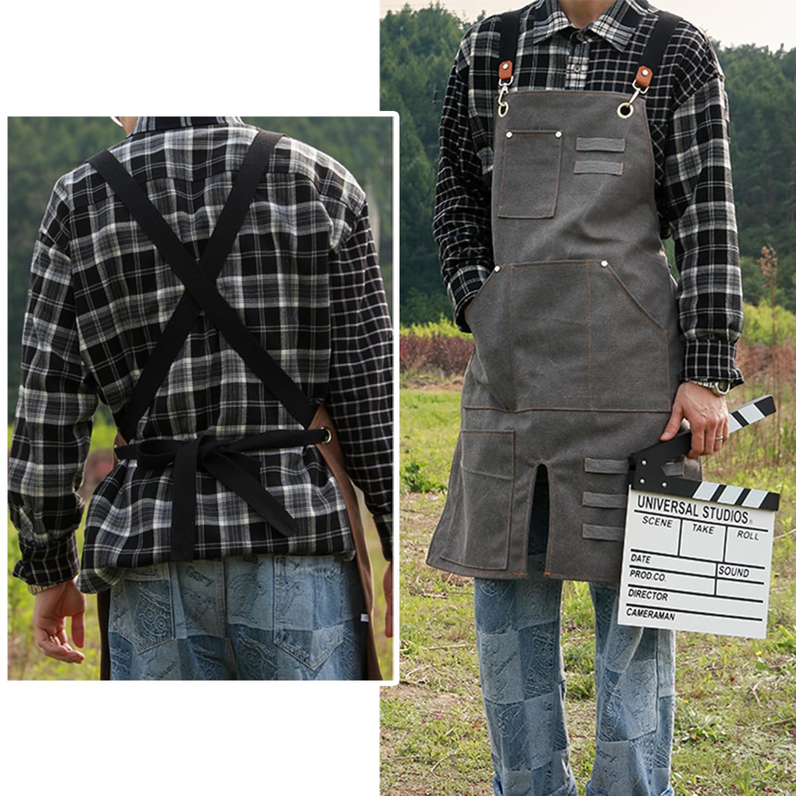 Fartuch szefa kuchni ， Fartuch Denim Bib Fartuch warsztatowy, fartuch narzędziowy, fartuch roboczy z rozciętymi nogawkami, wytrzymały, z kieszeniami, płócienny, regulowany fartuch z krzyżowym tyłem