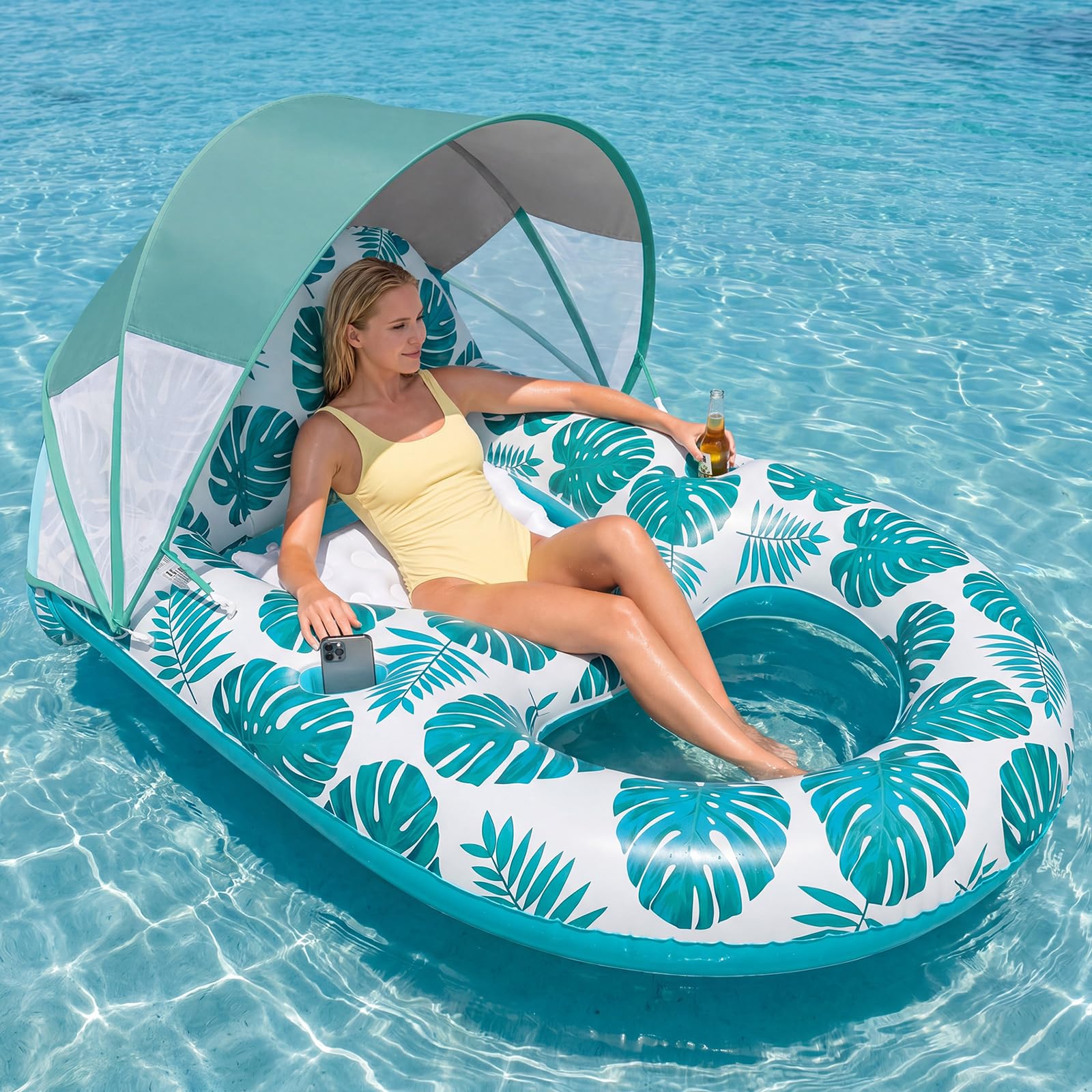 Colchoneta Piscina Adultos, Inflable Flotador con Sombrilla Colchón de Aire Adulto con Portavasos y Respaldo para Verano Piscina Playa