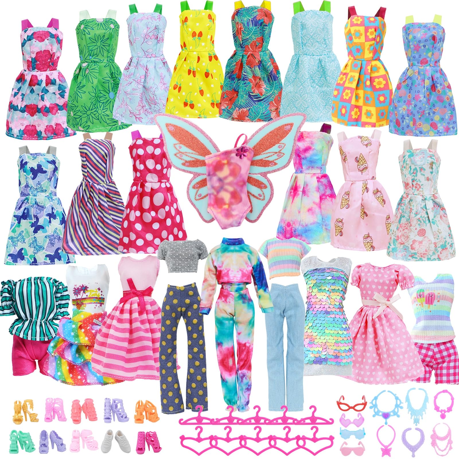 43Pcs Doll Clothes and Accessories Pack Including 10 Mini Dresses 3 Handmade Fashion Clothing Outfits Sets 10 Shoes 20 Cute Accessories for 11.5 inch Girl Doll