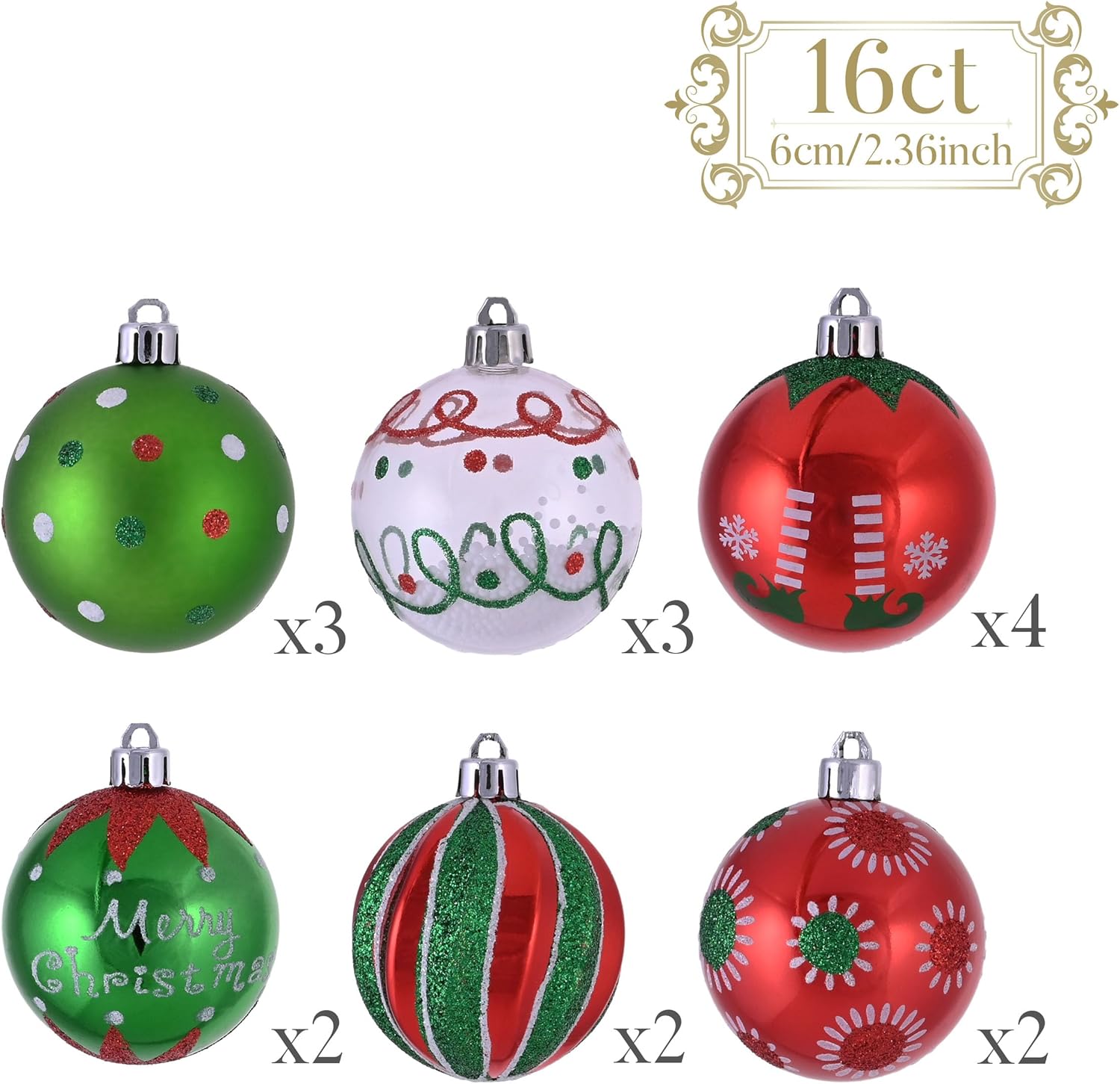 Valery Madelyn Christmas Tree Ornaments Set, 16ct Elf Red Green White Shatterproof Christmas Tree Decorations Bulk, 2.36 Inch Decorative Hanging Ball Ornaments for Xmas Trees Holiday Party Decor