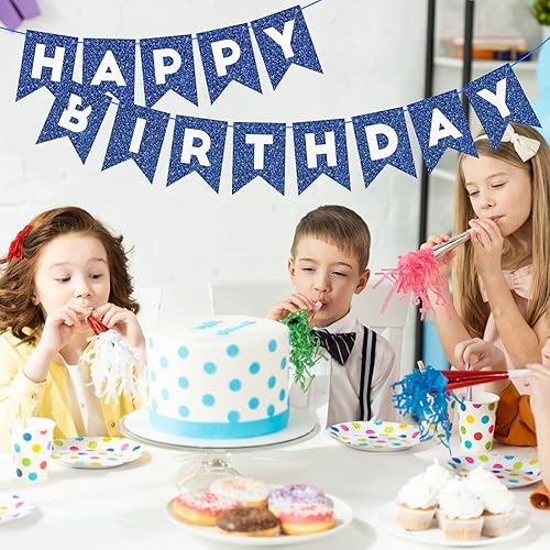 Miniatura 3 de Eaezerav Cartel de feliz cumpleaños con purpurina azul marino para niños y hombres, guirnalda de feliz cumpleaños, baby shower, suministros de