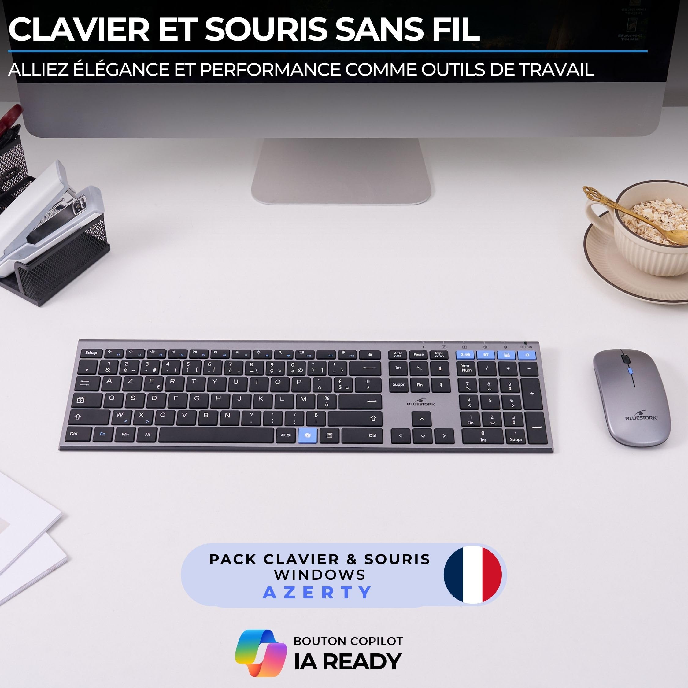 Bluestork - Set tastiera mouse wireless ricaricabile grafica V3 - Tastiera wireless, Connessioni 2.4GHz e Bluetooth, Ultra-sottile, batteria 110H, AZERTY FR, mouse 3200 DPI -Windows/IA Copilot