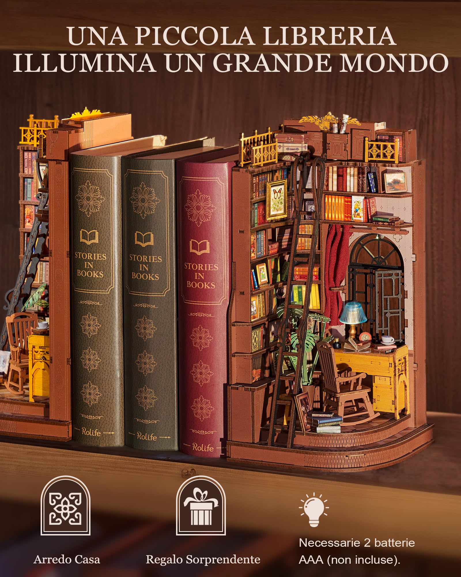 Rolife Book Nook Kit Miniature da Costruire DIY Booknook Silent Corner Study 3d Puzzle Legno con Luci Decorazione Libreria Casa Modellismo da Costruire Adulti Diorama Modellismo
