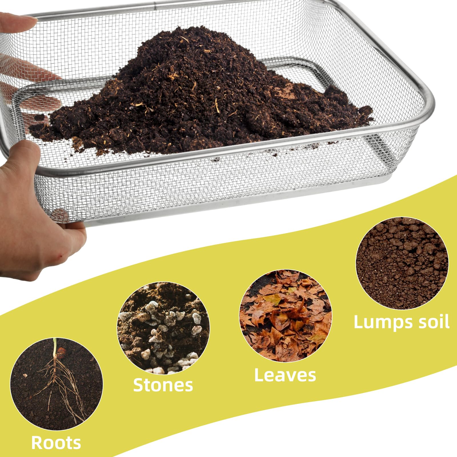 2 setacci per terreno per giardinaggio, grande setaccio per roccia in acciaio inossidabile, setaccio quadrato per compost, setaccio per sabbia e sporco, cattura rocce e segatura per giardino (apertura