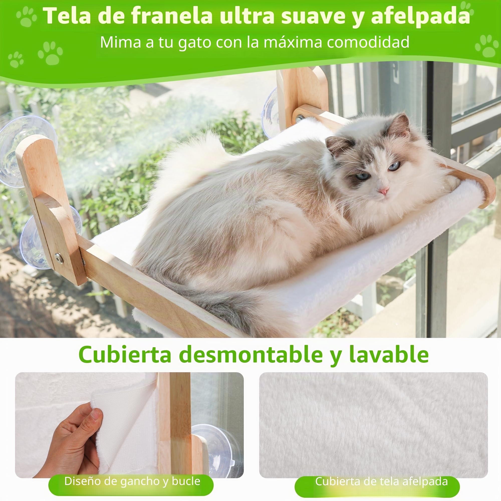 Percha de ventana para gatos con marco de madera - Cama plegable para gatos de interior, cubierta de piel de conejo suave, lavable, ventosas fuertes, sin taladrar, soporta gatos grandes