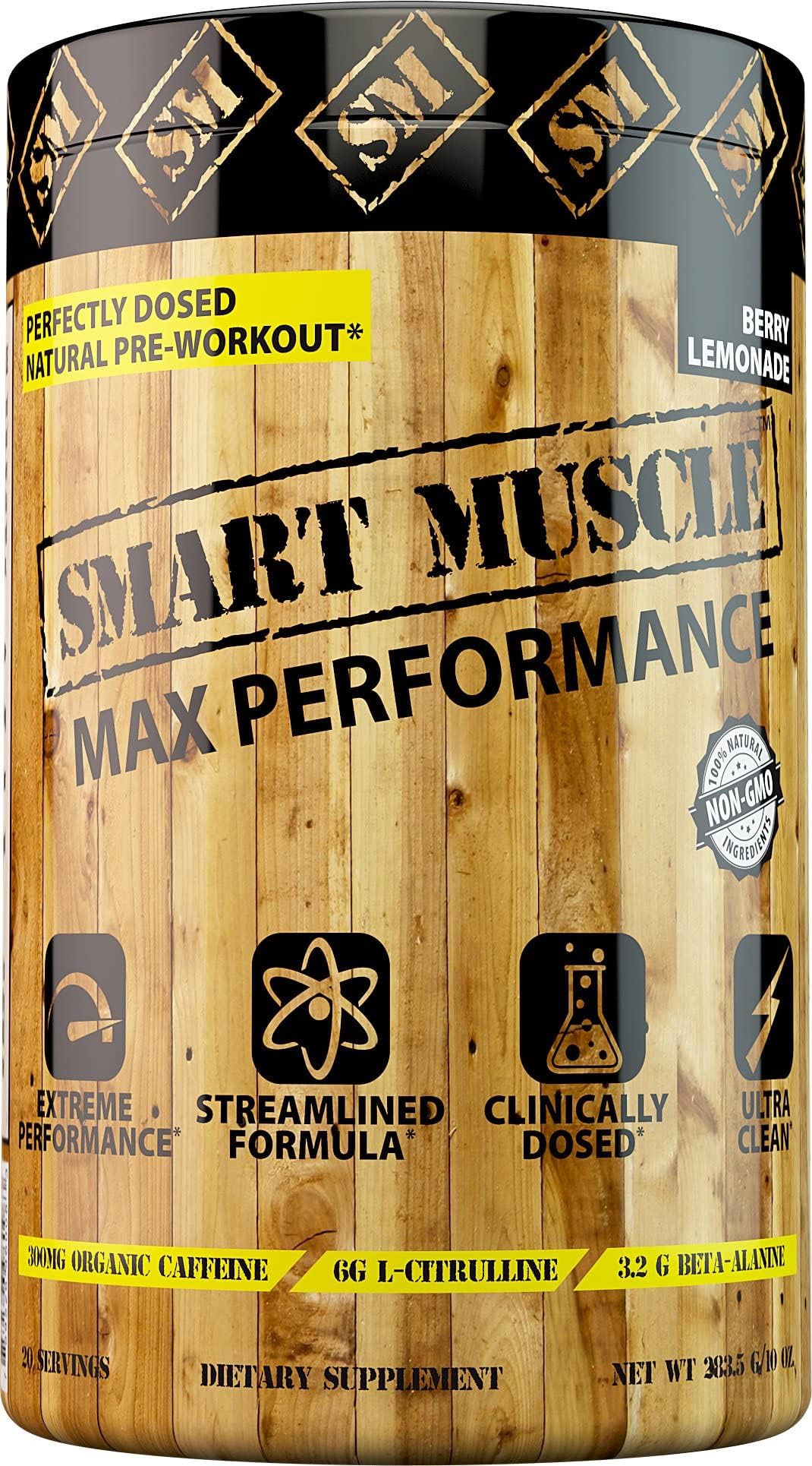 Smart Muscle 3-in-1 Natural Performance AMP - Ultra Clean Total Muscle Defining Preworkout Experience with Fat Shredding Matrix and Muscle Building BCAA Blend - 100% Non-GMO Ingredients - Wild Berry