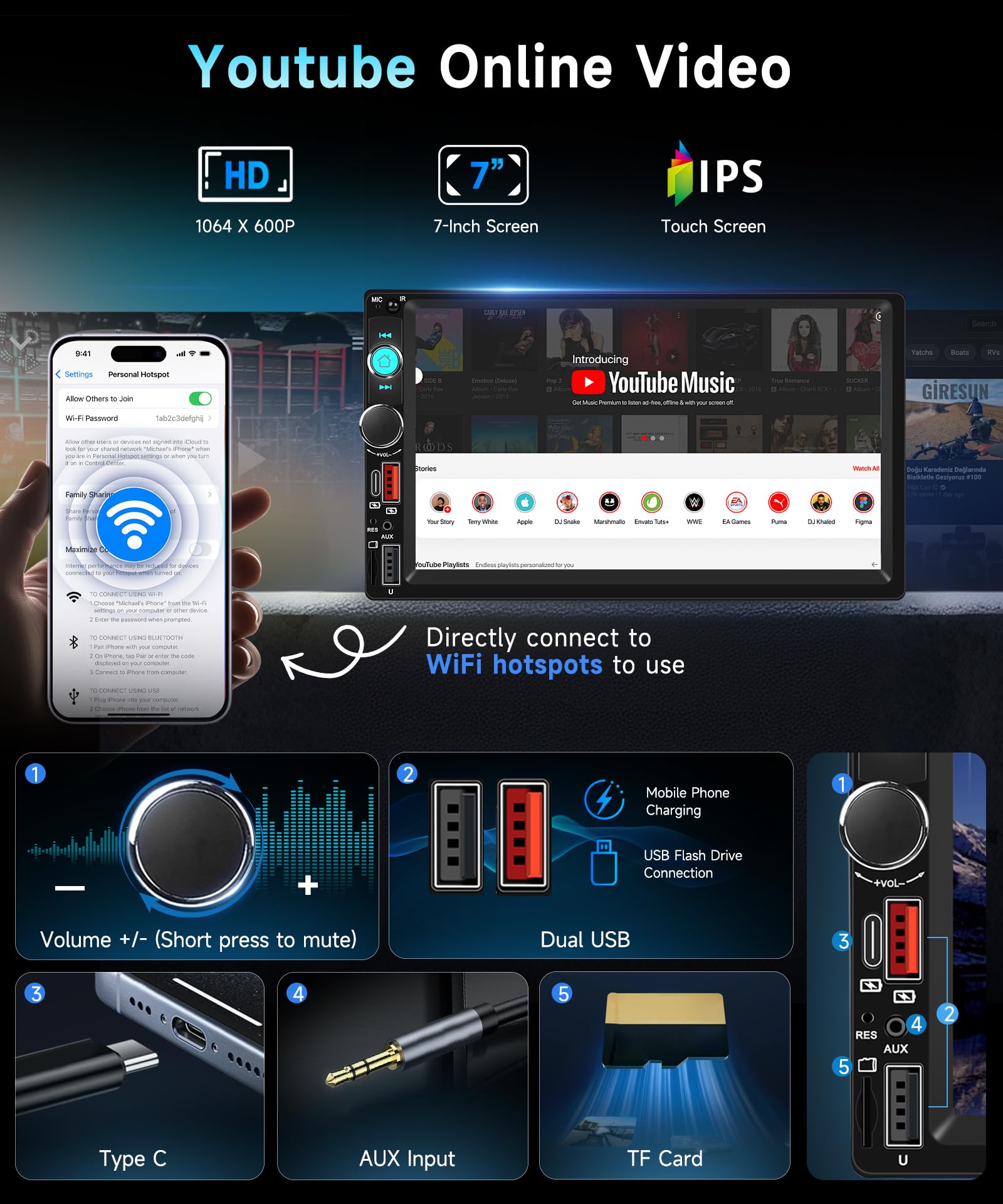 Autoradio 2 DIN 7" Avec CarPlay/Android Auto Sans Fil - Bluetooth, GPS, Caméra De Recul, Commandes Volant