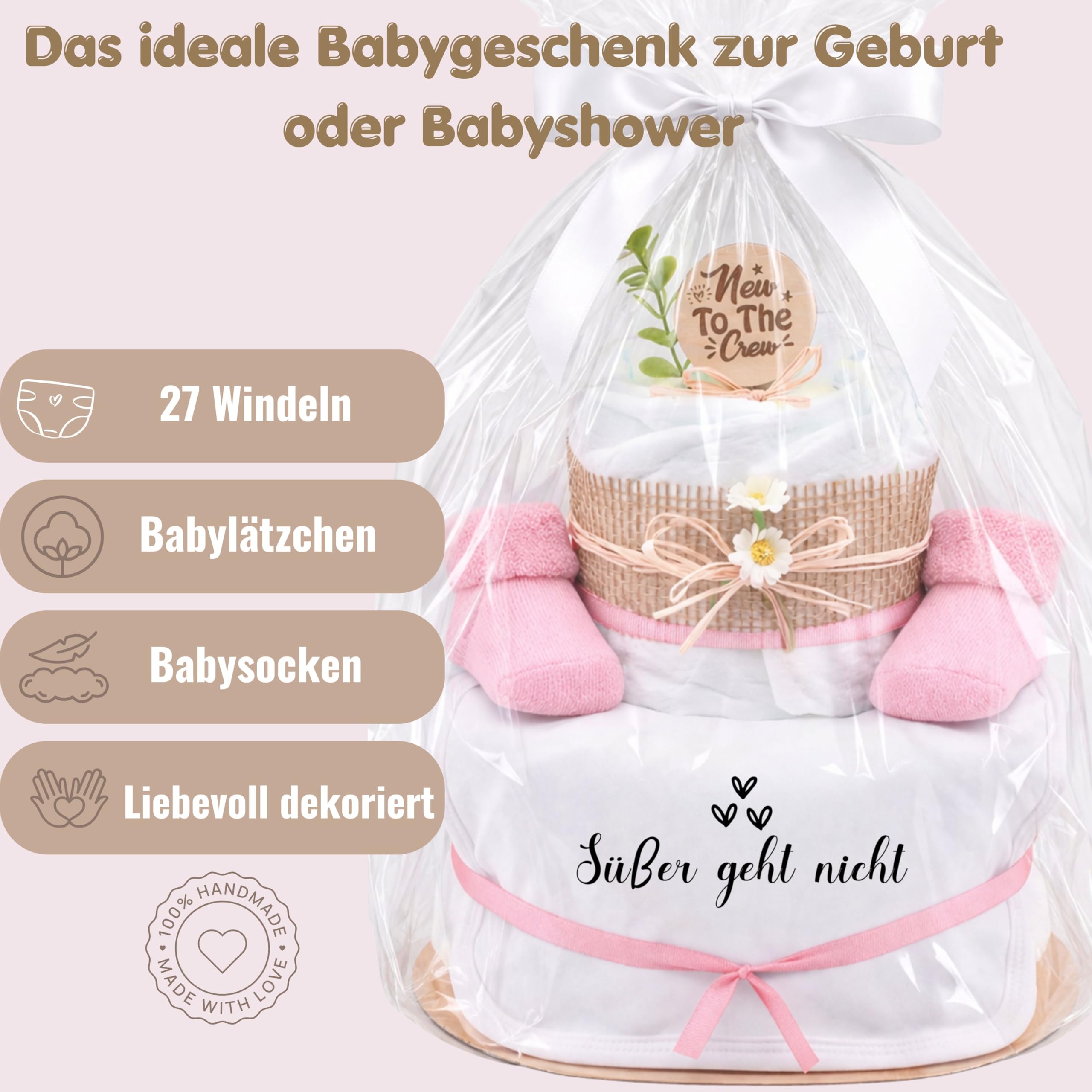 Trend Mama® | Windeltorte Mädchen Rosa – 27 Windeln Größe 2 – Babygeschenk zur Geburt – Babyshower Geschenk – Mit Babylätzchen & Babysocken – Geschenkset Erstausstattung (Design | Süsser geht nicht)