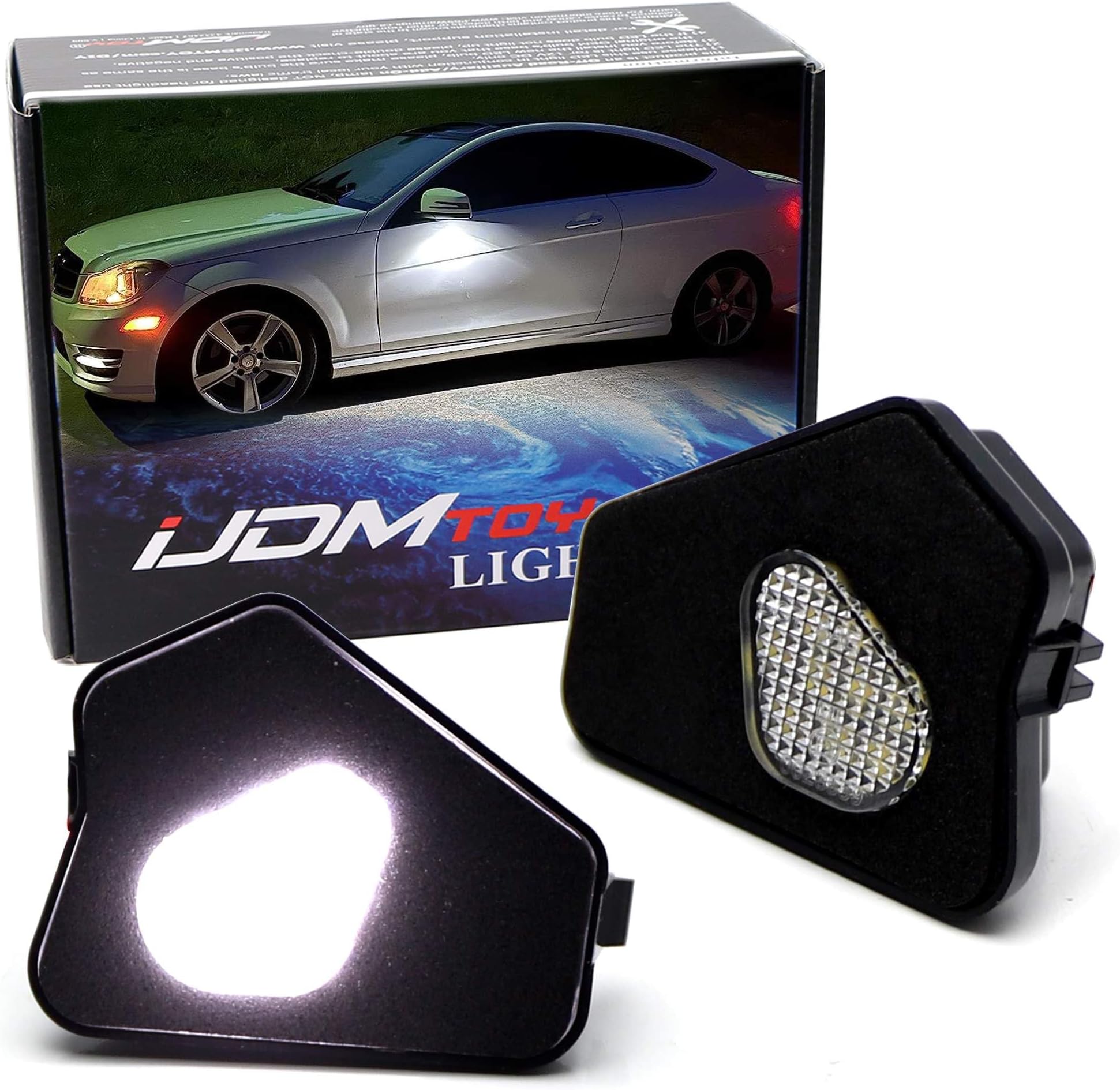 iJDMTOY White 18-SMD Full LED Under Mirror Puddle Lights Compatible With Mercedes W204 C-Class, W212 E-Class, W221 S-Class, C117 CLA-Class, C218 CLS-Class, etc (fit models w/o under mirror camera)