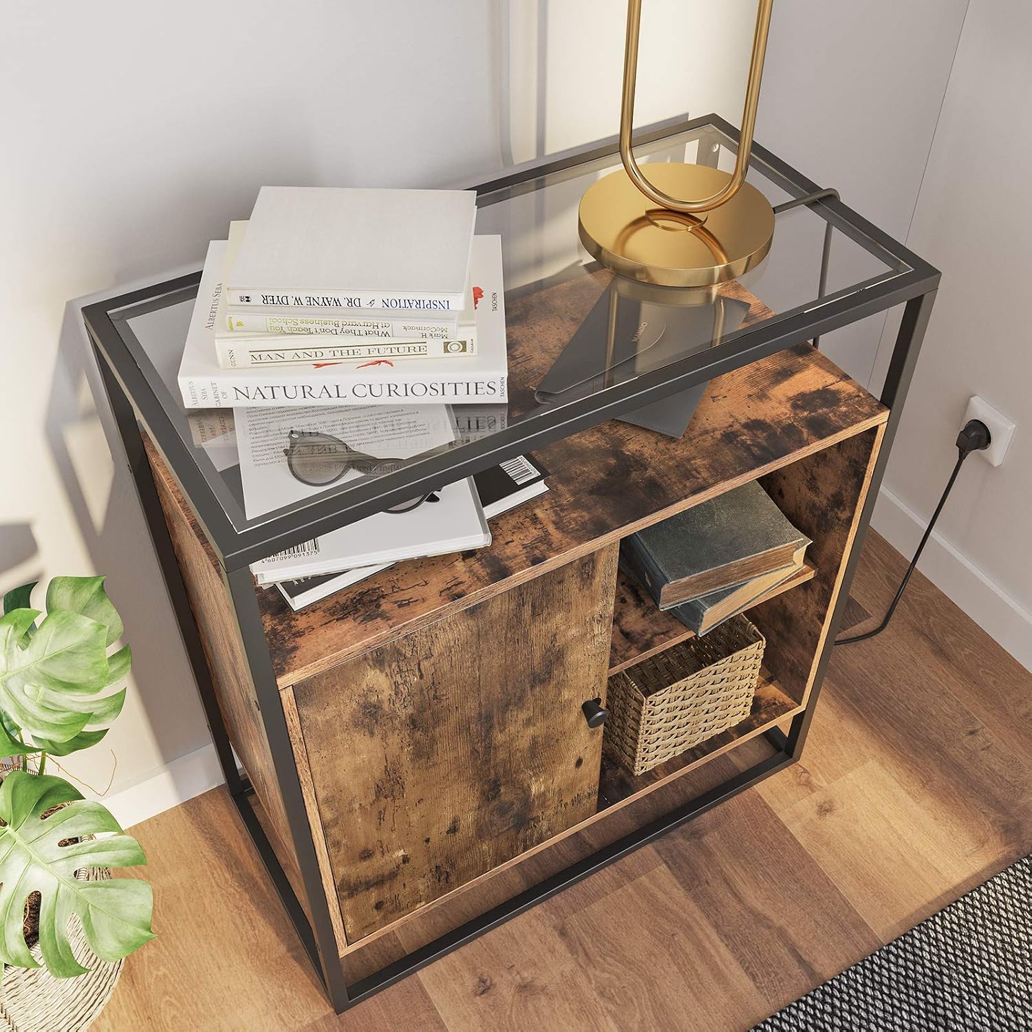 VASAGLE Entryway Storage Cabinet, Console Table with Stable Tempered Glass Top, for Hallway Lounge, Living Room, Easy Assembly, Industrial Design, Rustic Brown ULSC12BX