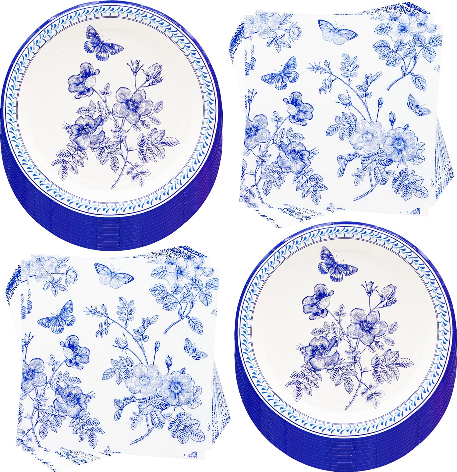 80 Pcs Blue White Flower Party Supplies - Blue & White Floral Set with 7" Paper Plates & Napkins for Wedding, Bridal Shower & Tea Party Decor | Serves