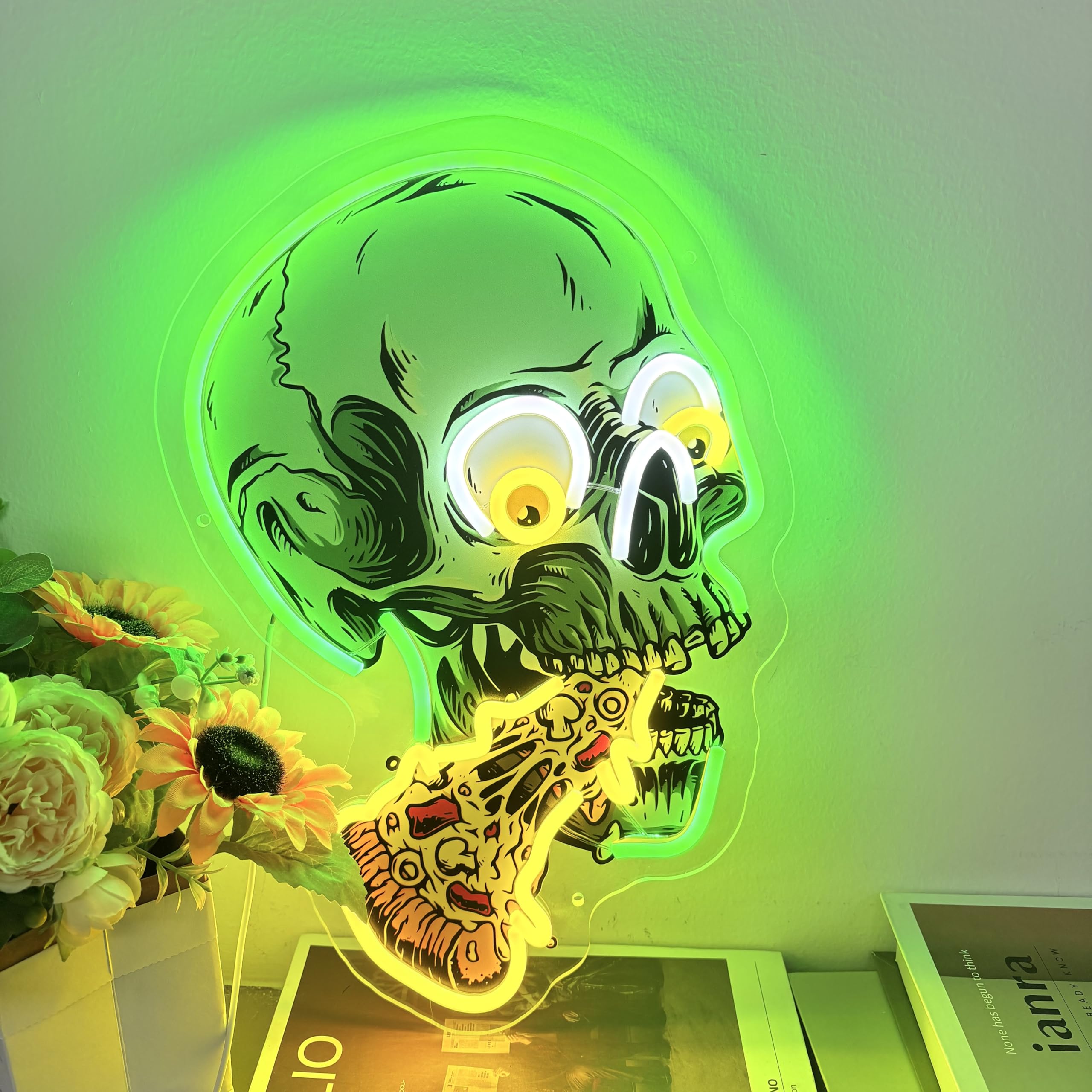 Skull and Pizza Artwork Led Neon Sign Wedding Birthday Gift for Teens Bar Beer Club Wall Art Decor Game Room Home Decor