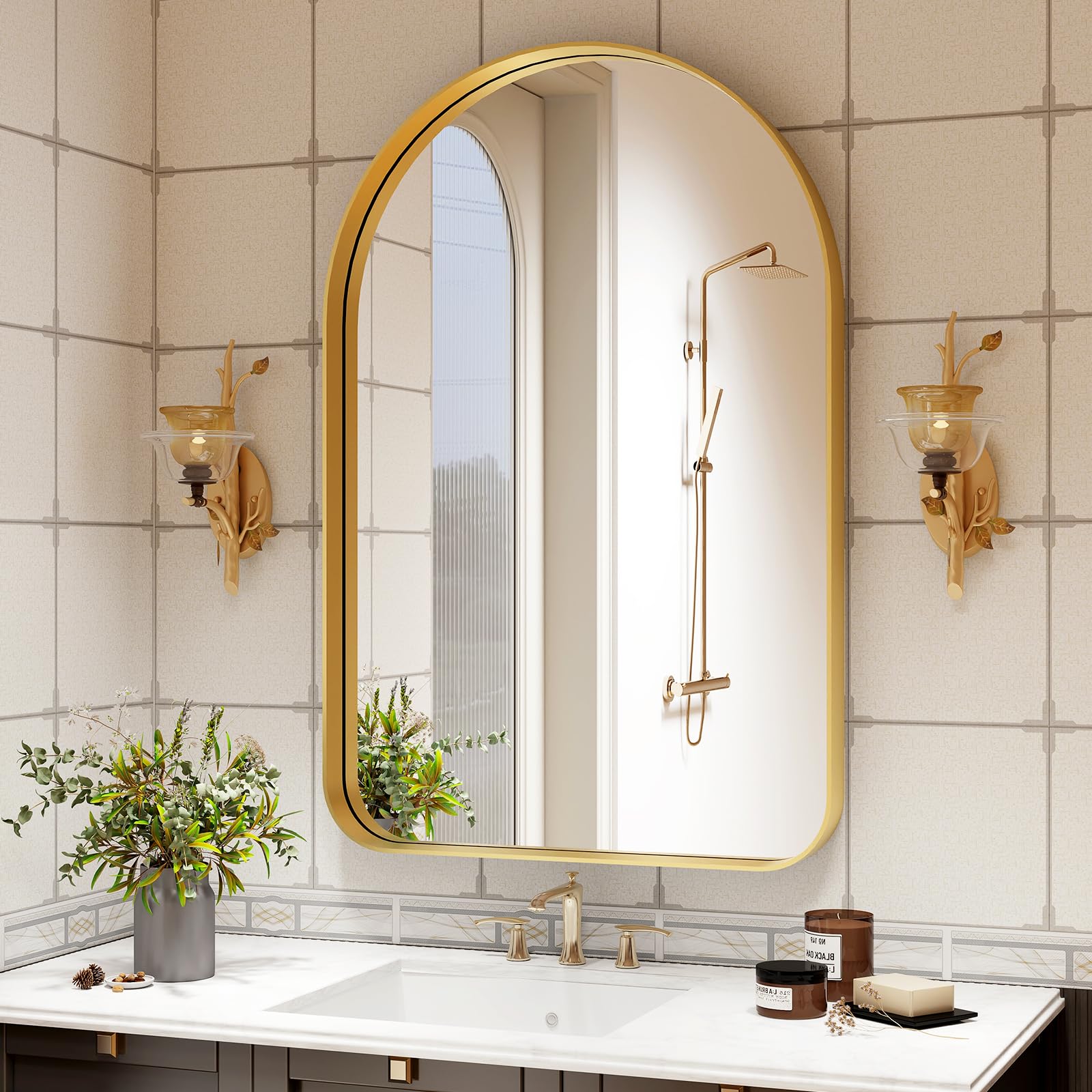 Arched Bathroom Mirror, 26"x38" Arch Bathroom Mirror for Wall,Modern Bathroom Mirror for Living Room, Bedroom, Mantle, Entryway Hallways?Gold