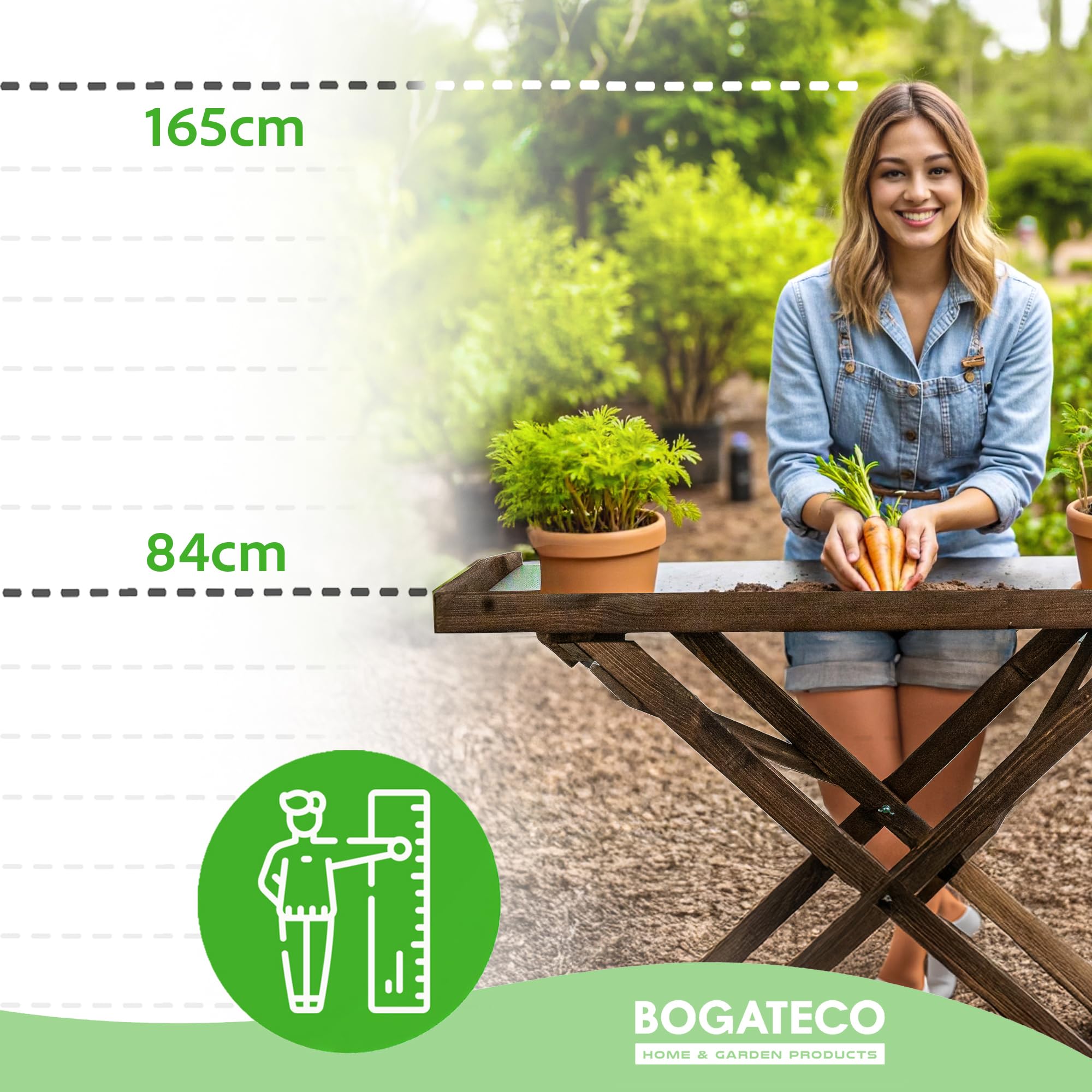 BOGATECO Pflanztisch 118 x 84 x 38cm mit Arbeitsplatte aus Metall | Klapptisch imprägnierter Blumentisch Outdoor Gärtnertisch mit Regal Gartenarbeitstisch Wetterfest