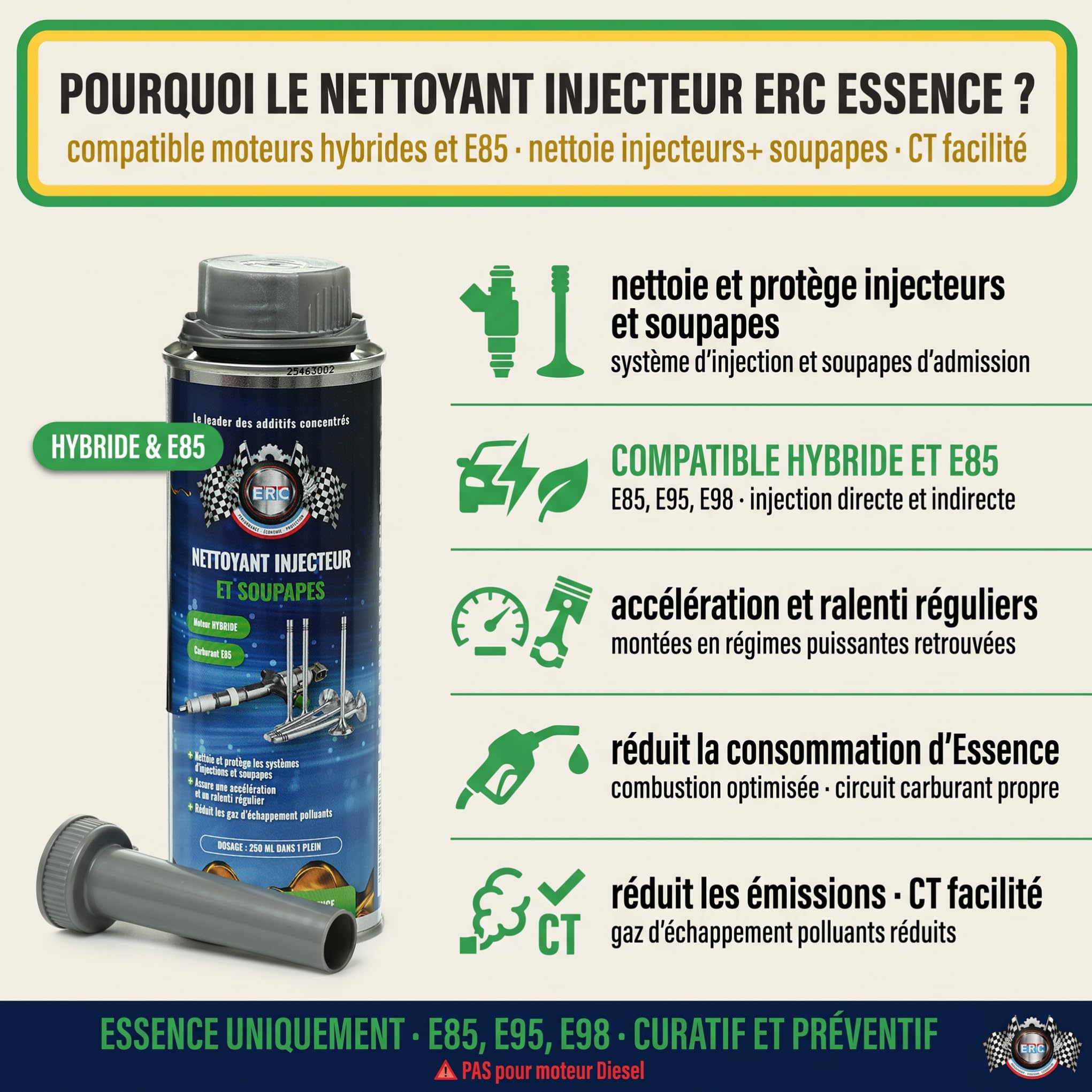 ERC – [Nettoyant injecteur et soupapes essence] | Nettoie & Protège système d’injection | Réduit consommation & émissions polluantes | Optimise accélération & ralenti moteur | 250 ml