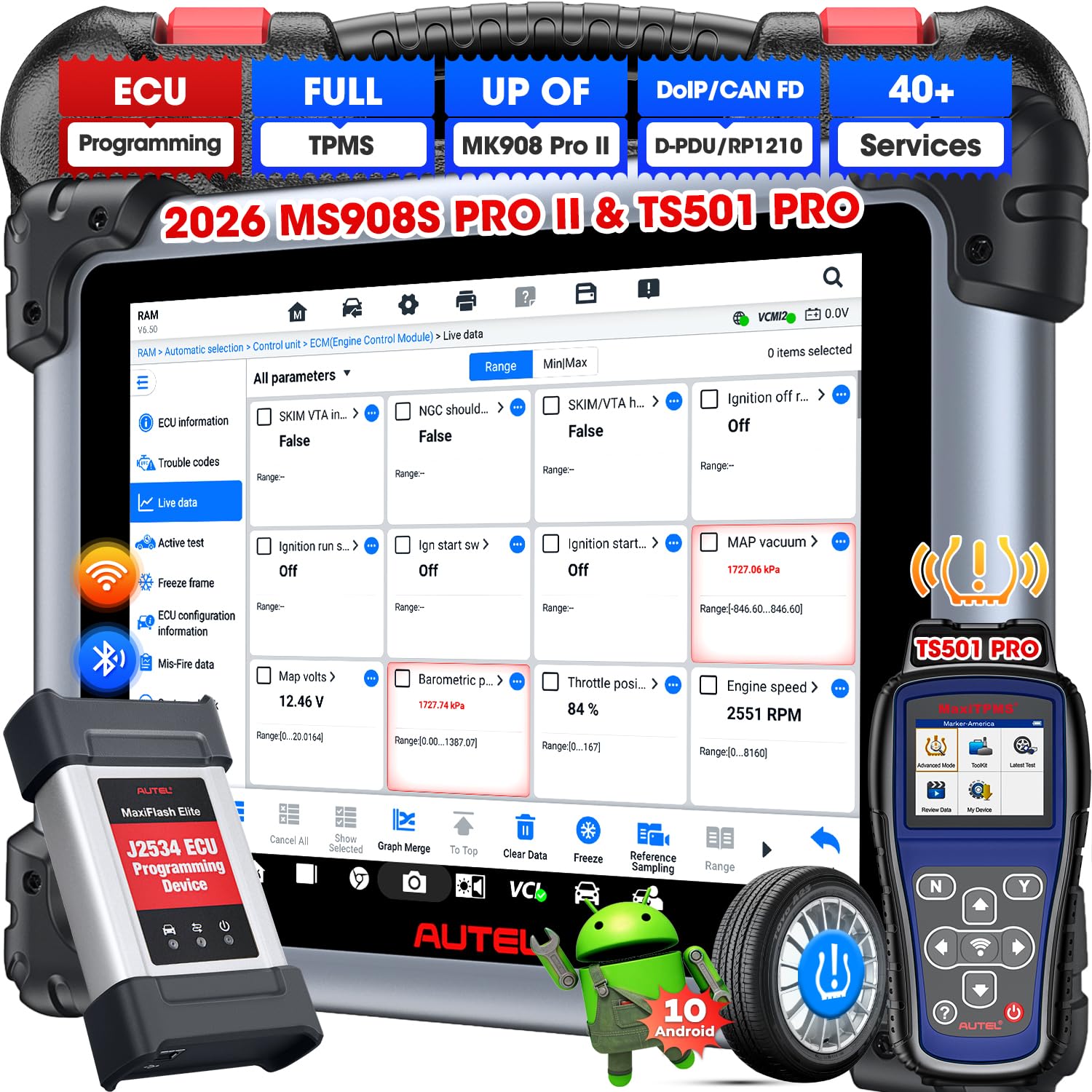 2026 Autel MaxiSYS MS908S PRO II Scanner, w/ $219 TS501 PRO TPMS Relearn Tool, Bidirectional Diagnostic Scan as Ultra MS909 Elite 2 Pro, J2534 ECU Functions, Up of MK908P MS906MAX, 3K+Tests, 40+ Reset
